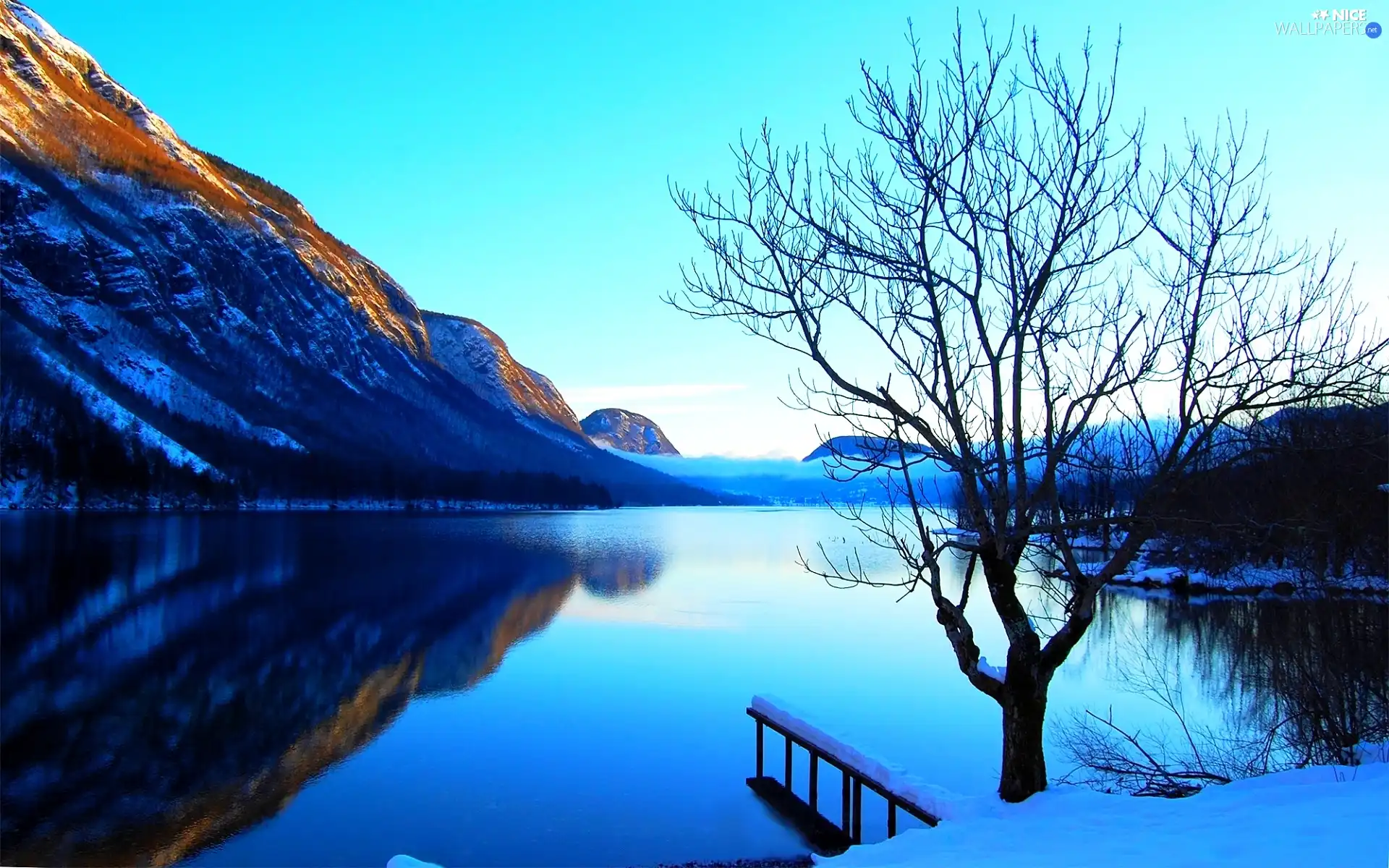 winter, lake, trees, Mountains