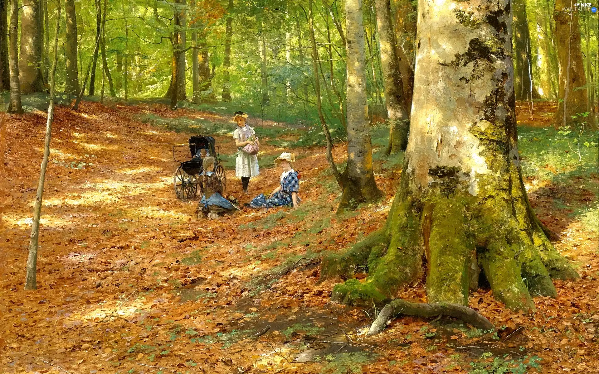 Leaf, picture, forest, Kids, trees, painting, Peder Mork Monsted, trolley, Women, viewes