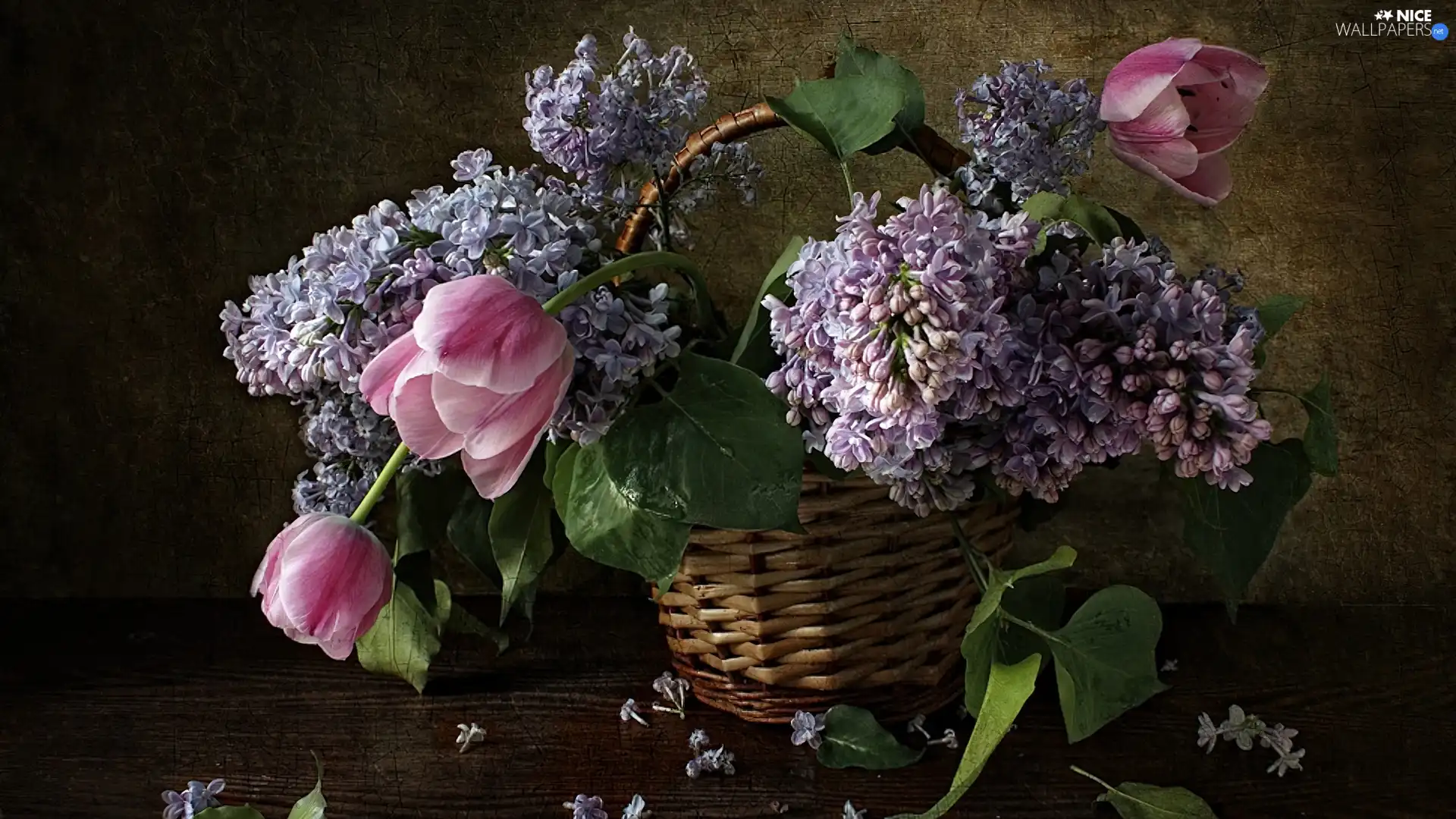Tulips, basket, flowers, Lilacs, bouquet