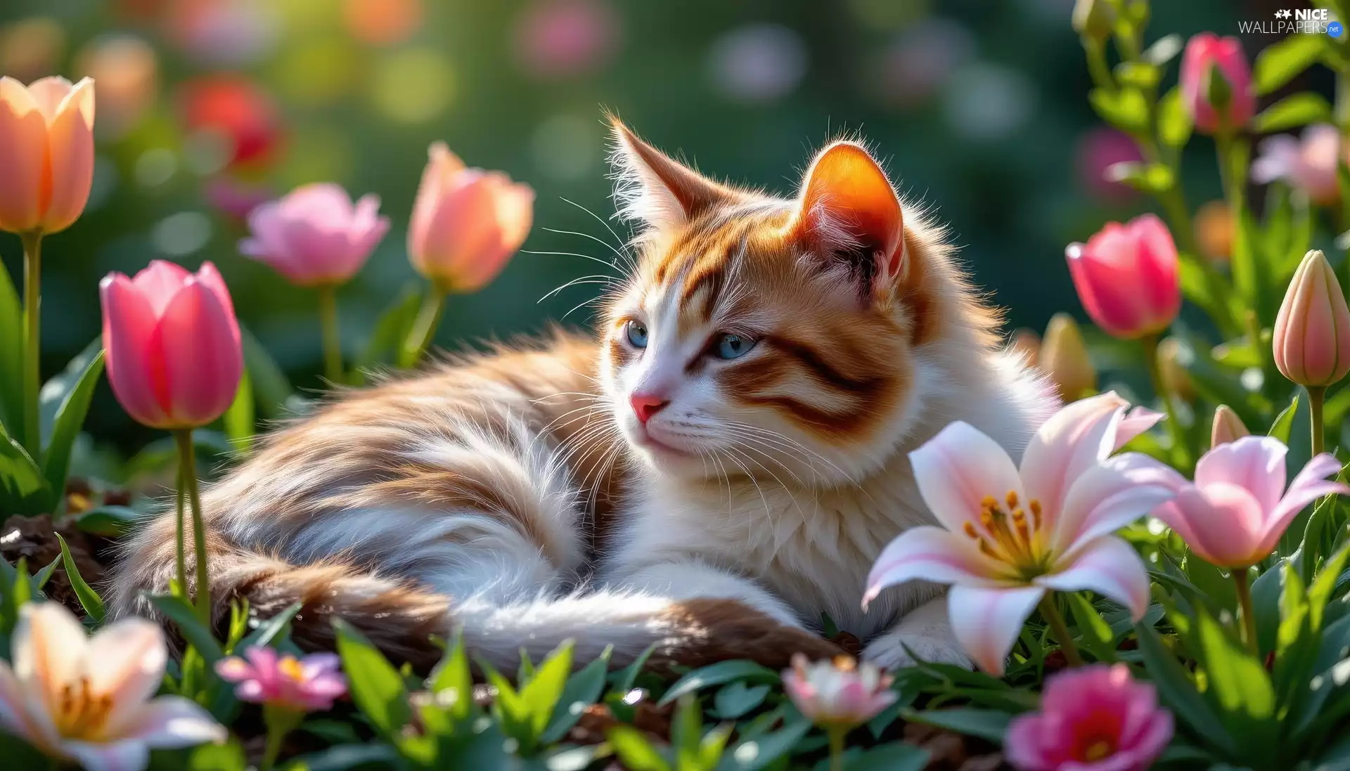 lilies, Tulips, cat, Flowers, lying