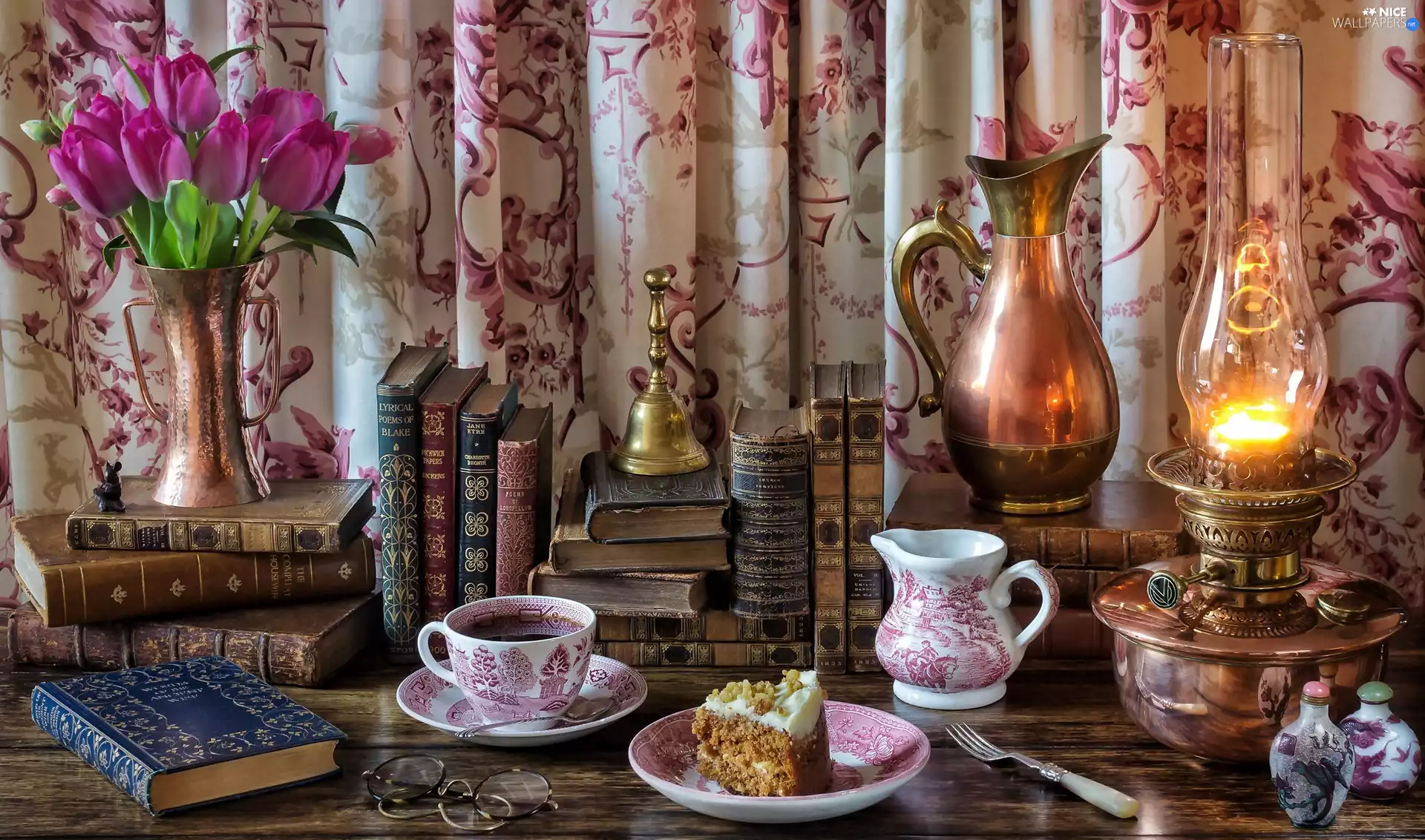 Tulips, Vase, Books, jug, cake, Lamp, cup, coffee, jug