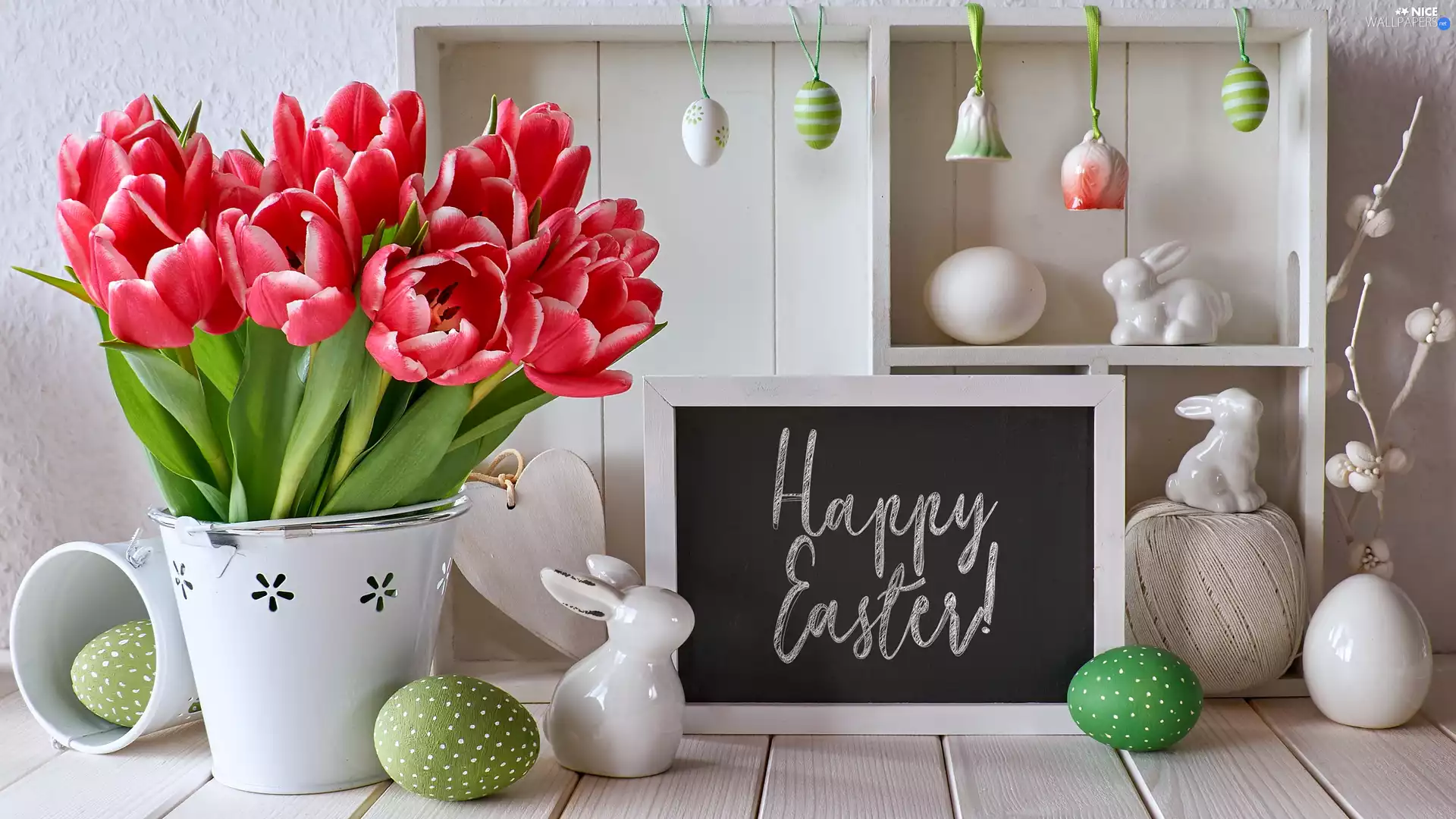 Happy Easter, Vase, rabbits, composition, table, Tulips, eggs, Easter, pendants, text