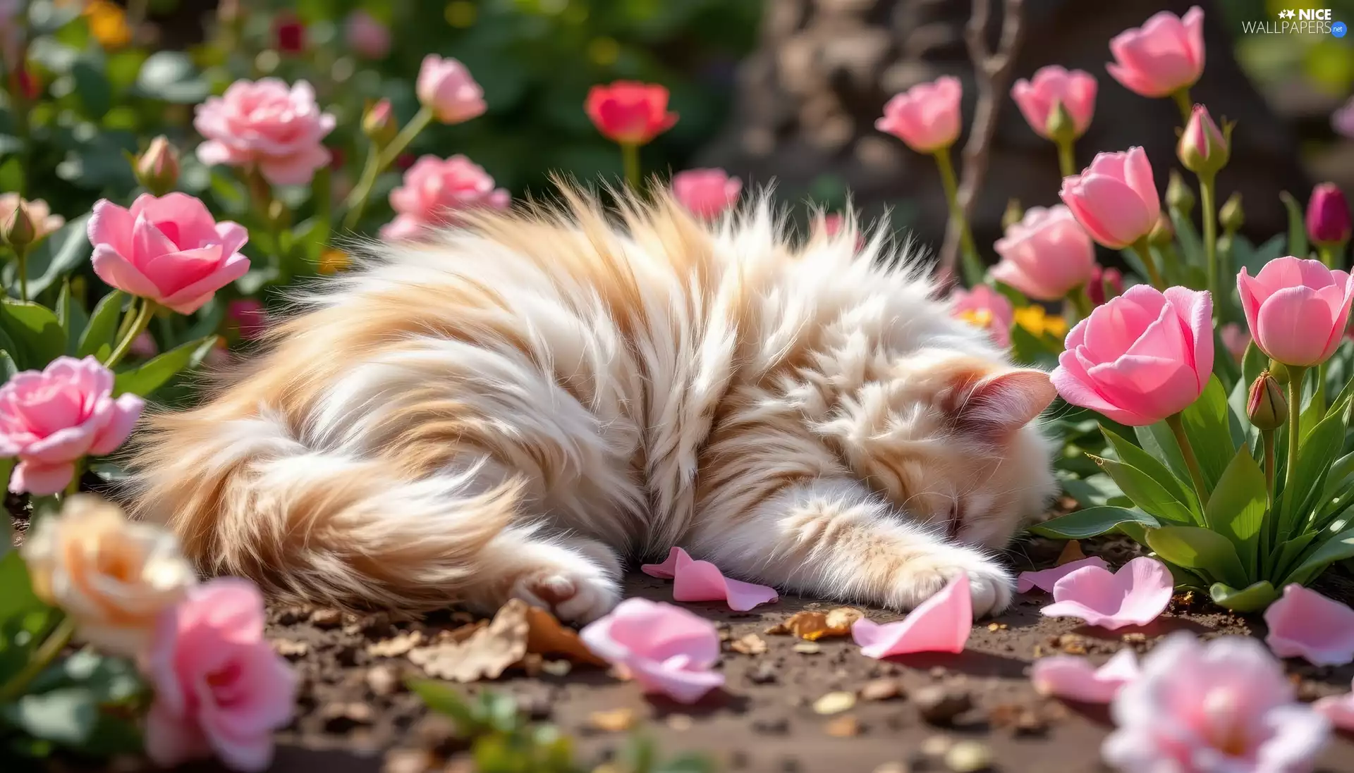 Flowers, Tulips, fluffy, sleepy, cat