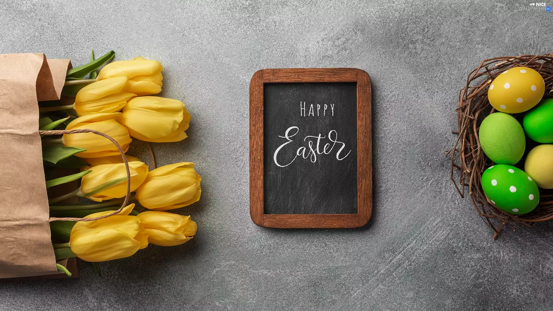 Tulips, plate, Easter, text, eggs, bag, paper, Happy Easter