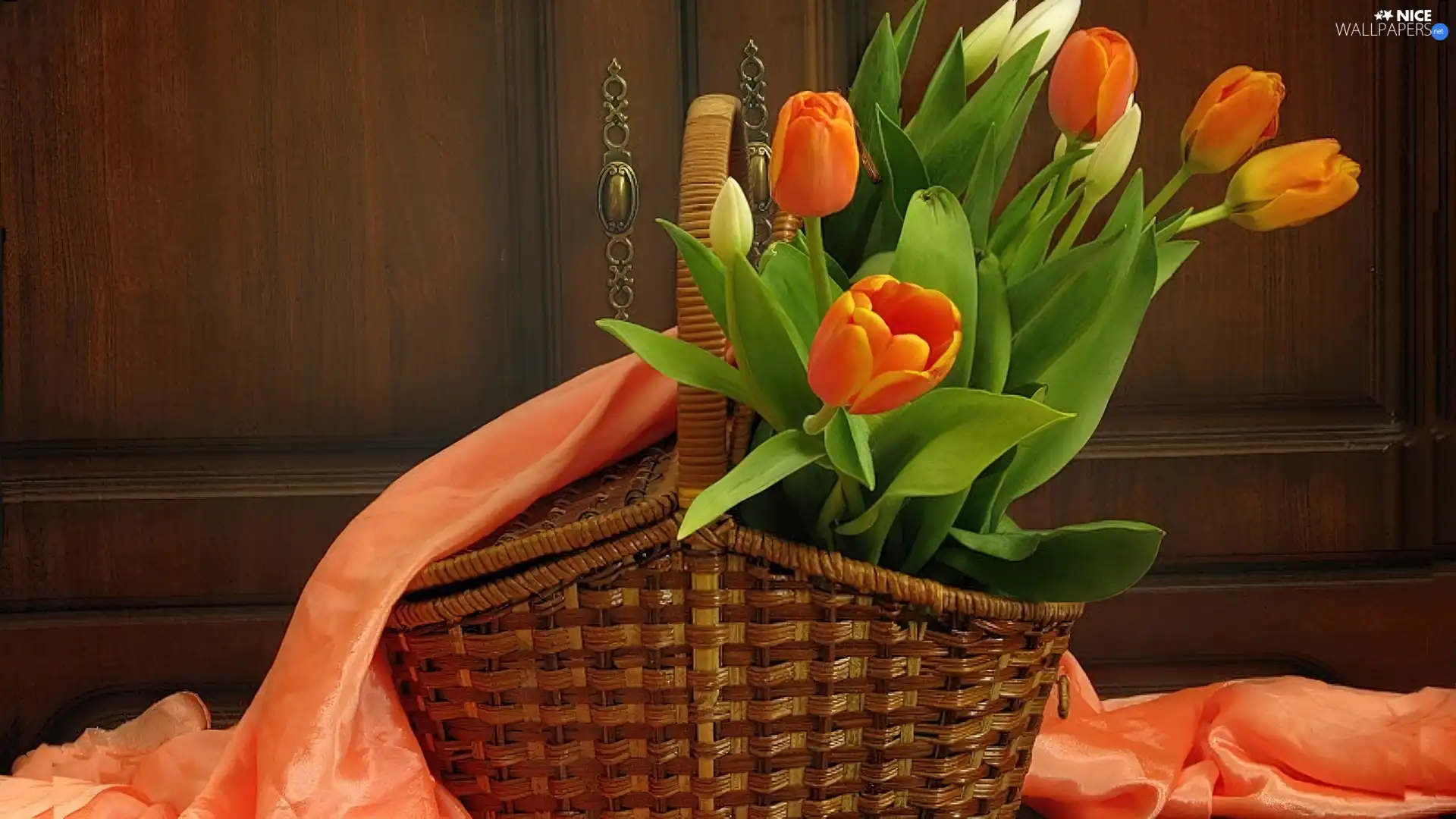 Tulips, satin, basket, Orange, wicker