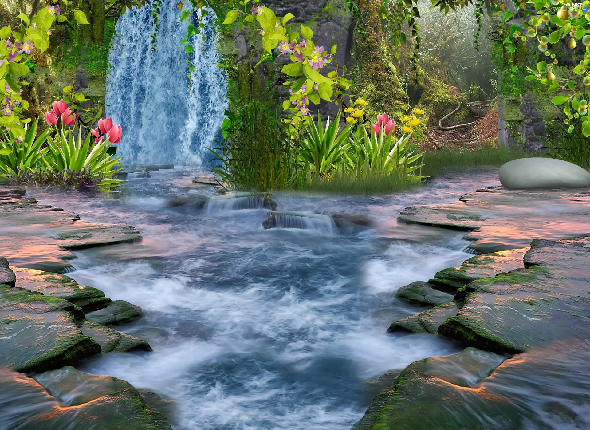waterfall, Flowers, Tulips, rocks