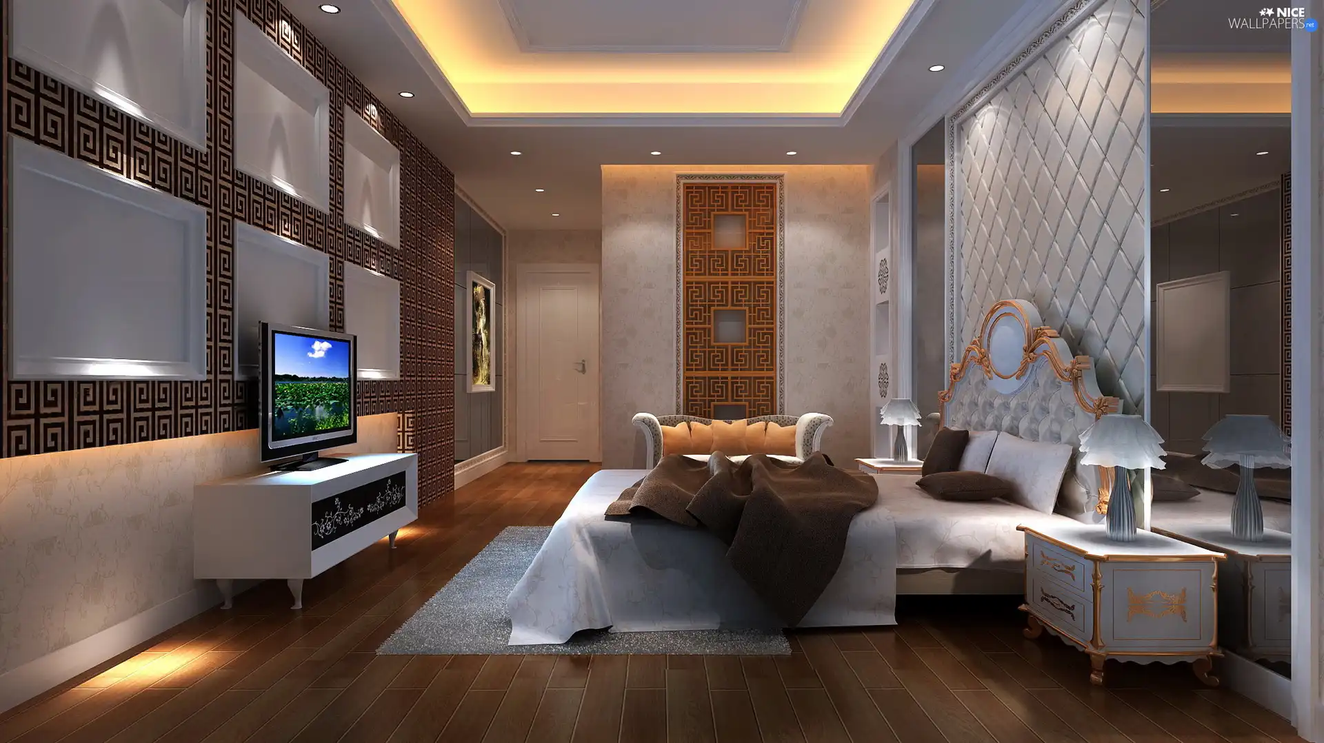 interior, White Bed, TV, Bedroom