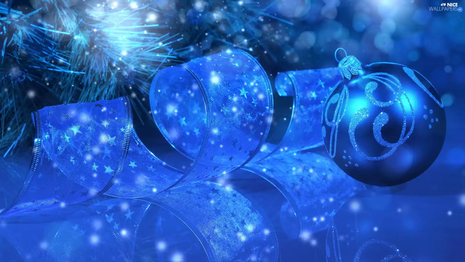 Blue, bauble, reflection, ribbon, Christmas, Christmas, composition, twig