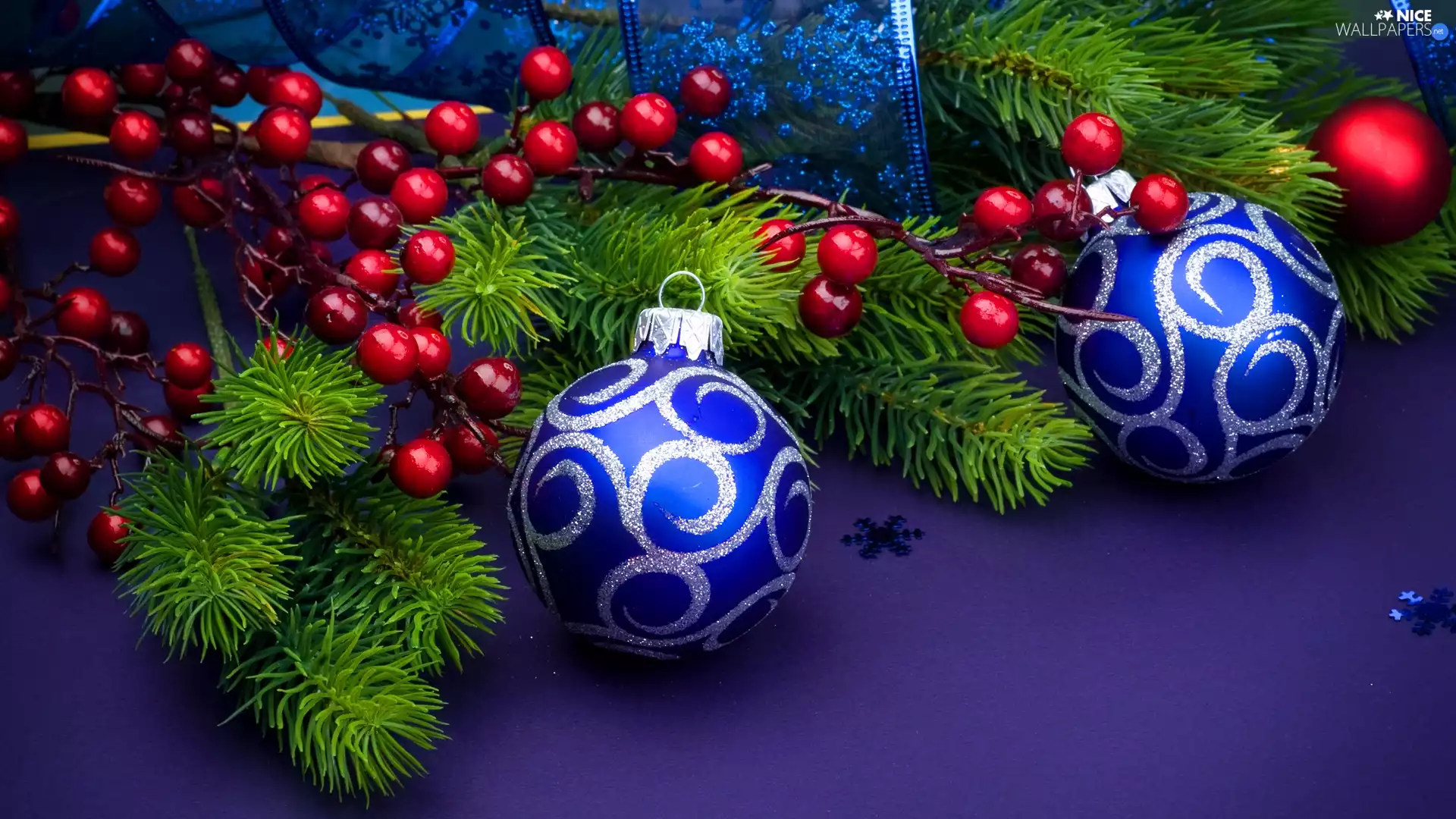 spruce, Christmas, baubles, Navy Blue Background, Blue, Twigs