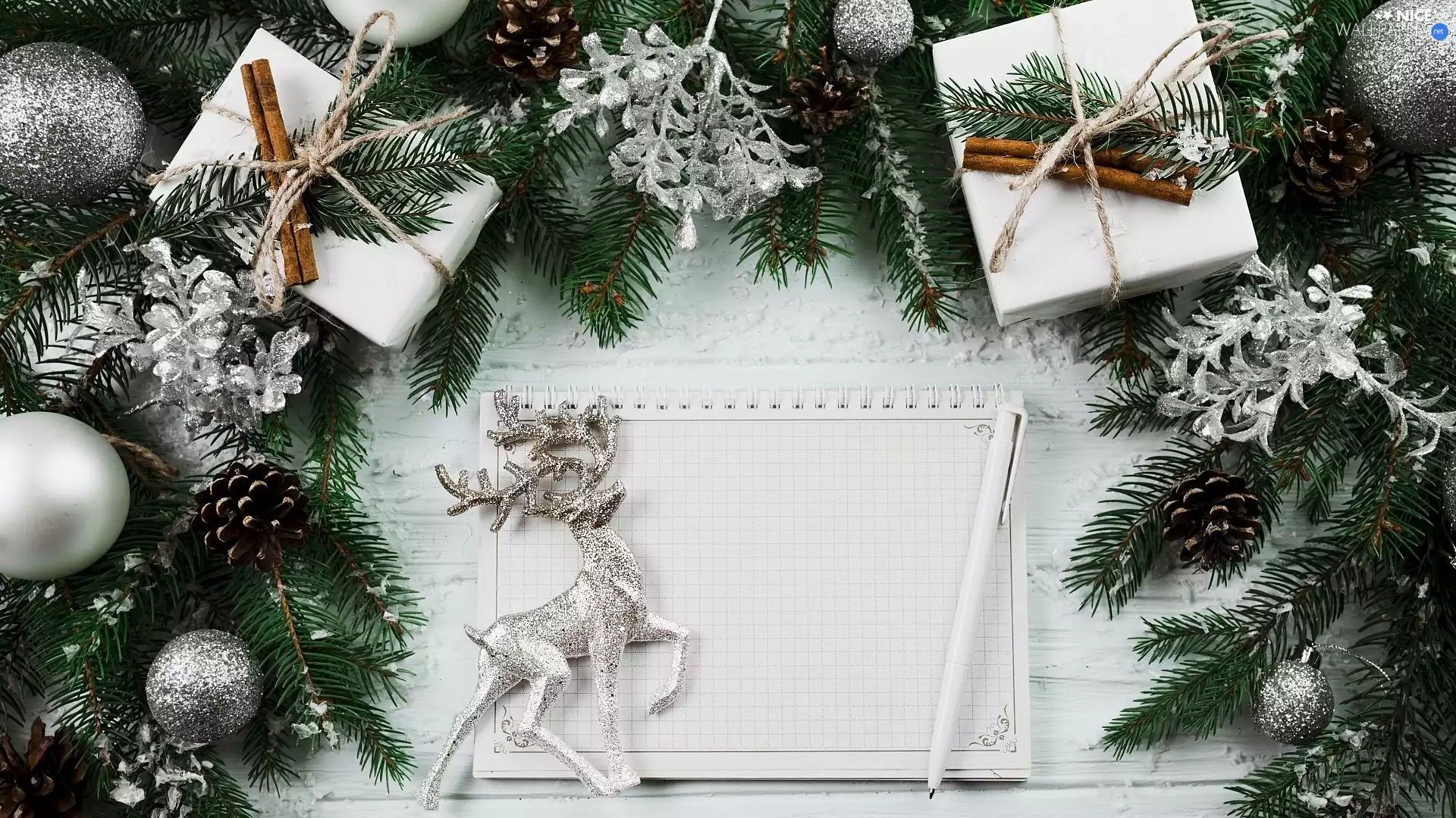 Twigs, Christmas, gifts, baubles, pen, boarding, reindeer, note-book, cones