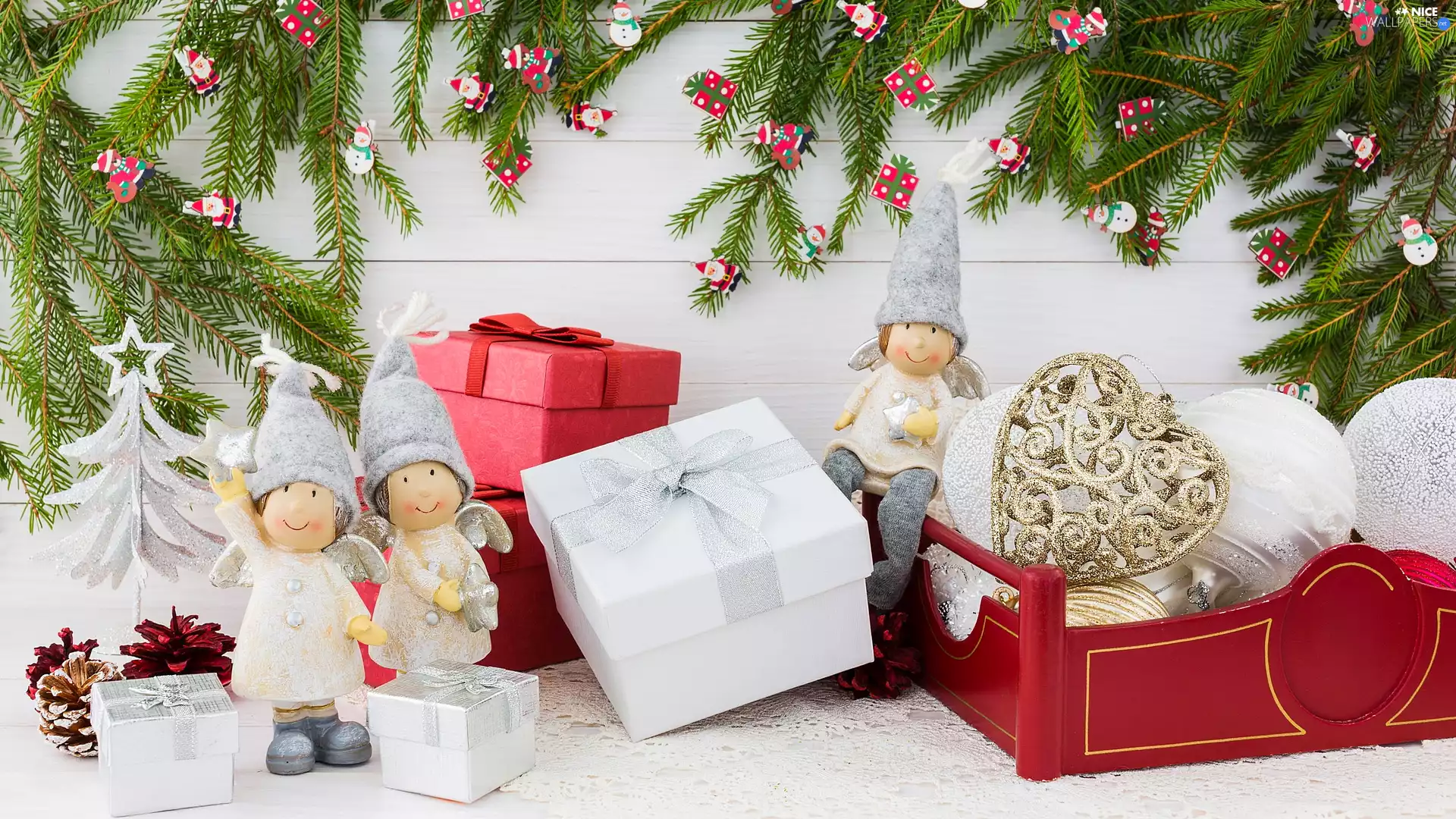 figures, Christmas, gifts, Twigs, angels, decoration