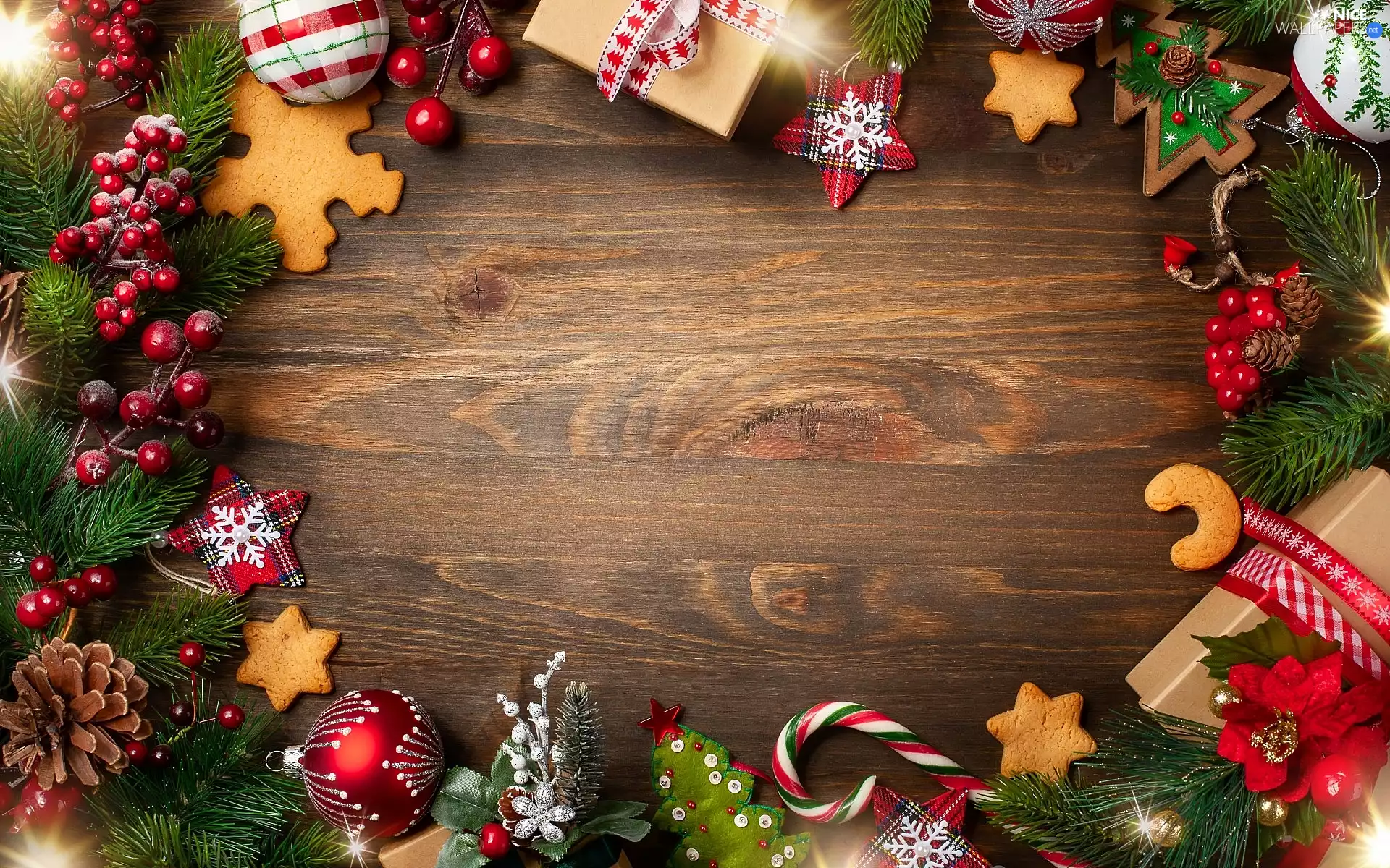 baubles, Christmas, gifts, Twigs, composition, Cookies, lights