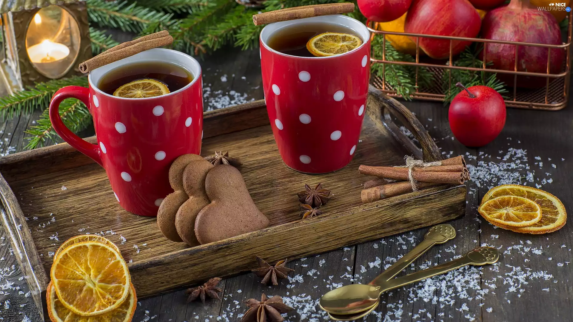 Two, Two cars, Cookies, anise, Spoons, apples, lantern, Lemon, Tray, cups, boarding, tea, cinnamon, basket, composition, Twigs