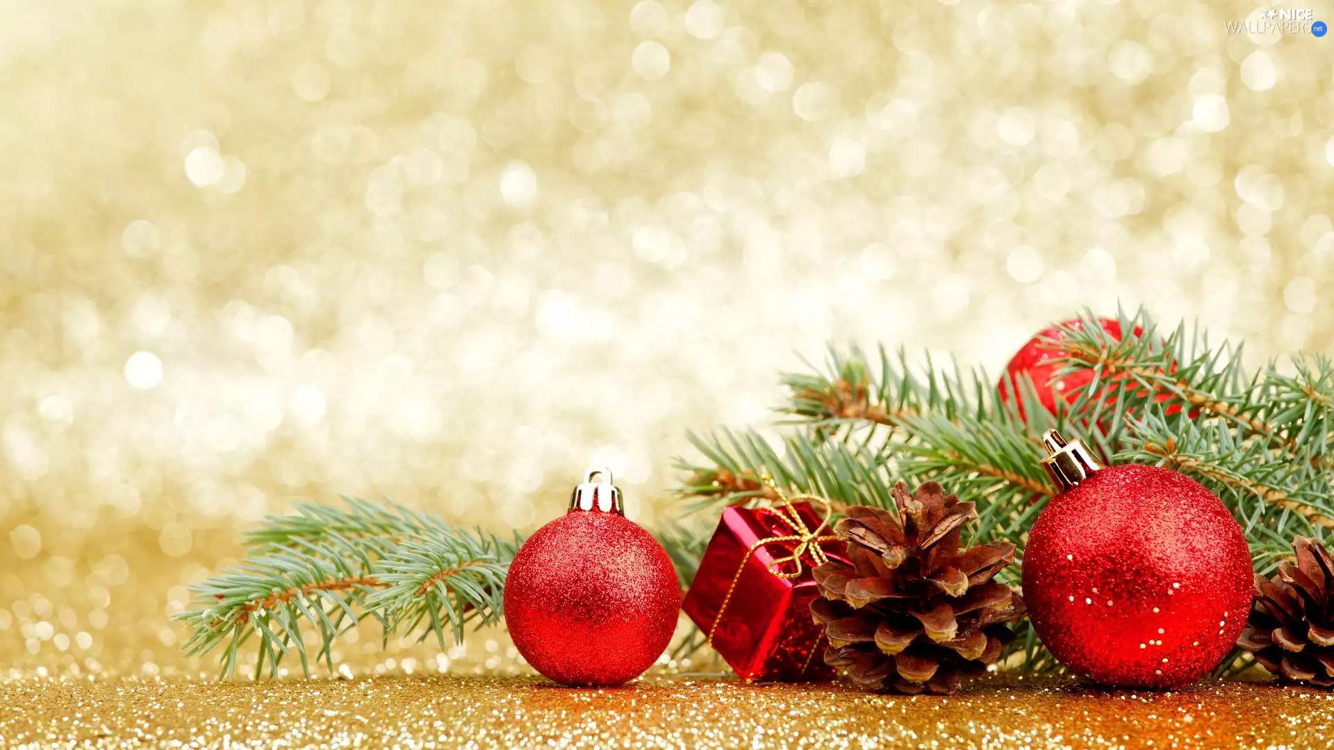 spruce, Christmas, Present, Twigs, decoration, baubles, cones