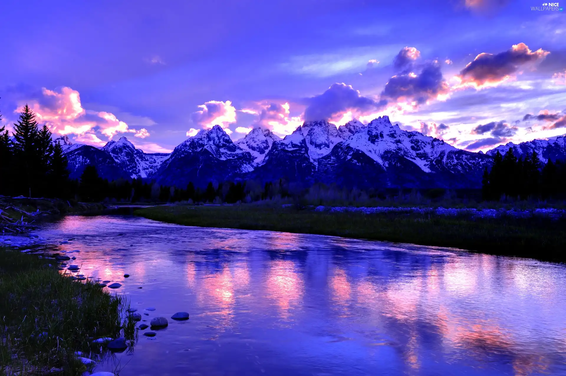 twilight, Mountains, lake