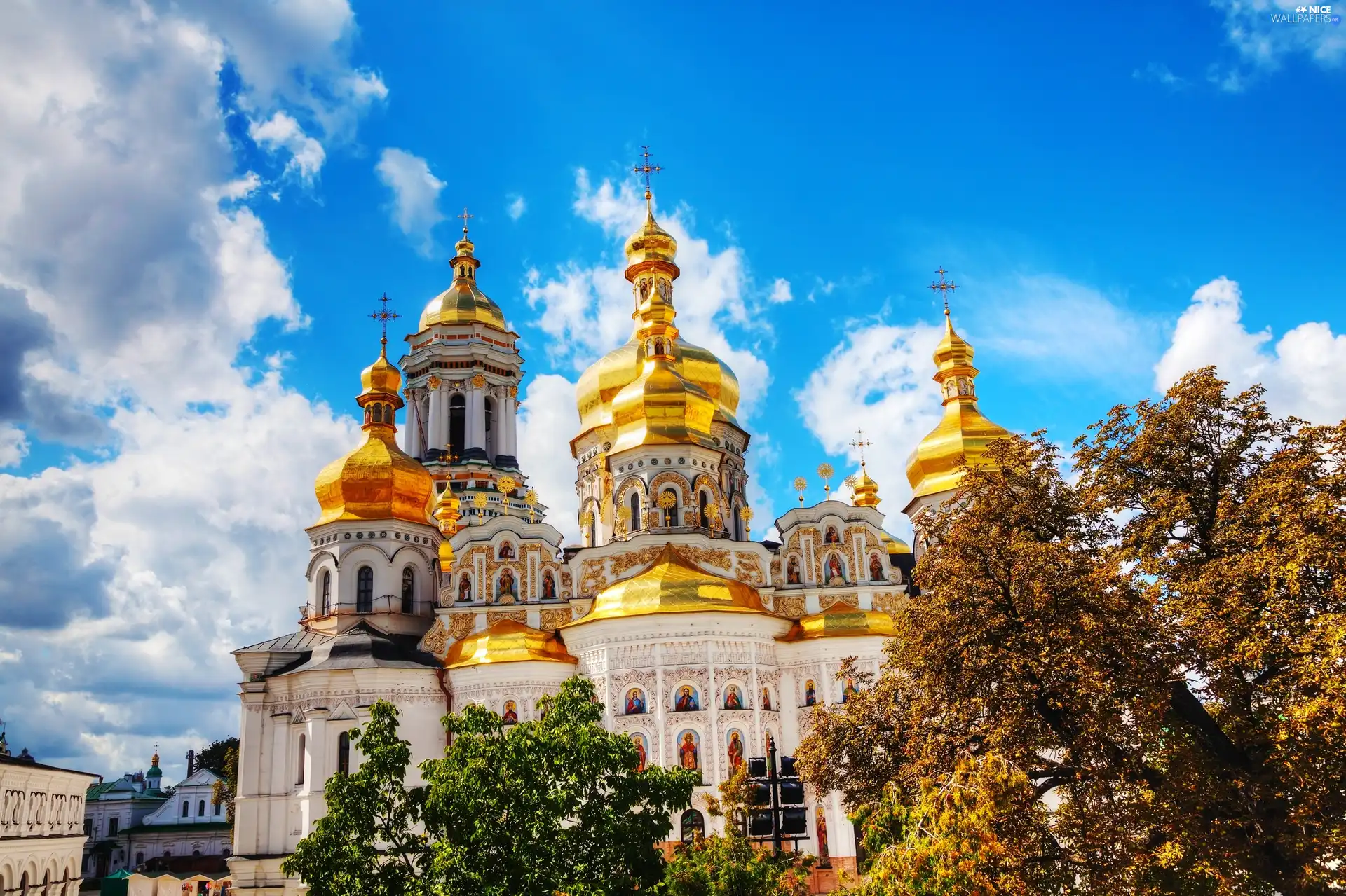 Gold Domes, Pechersk, Kiev, Cerkiew, Lavra, Blue Sky, Ukraine