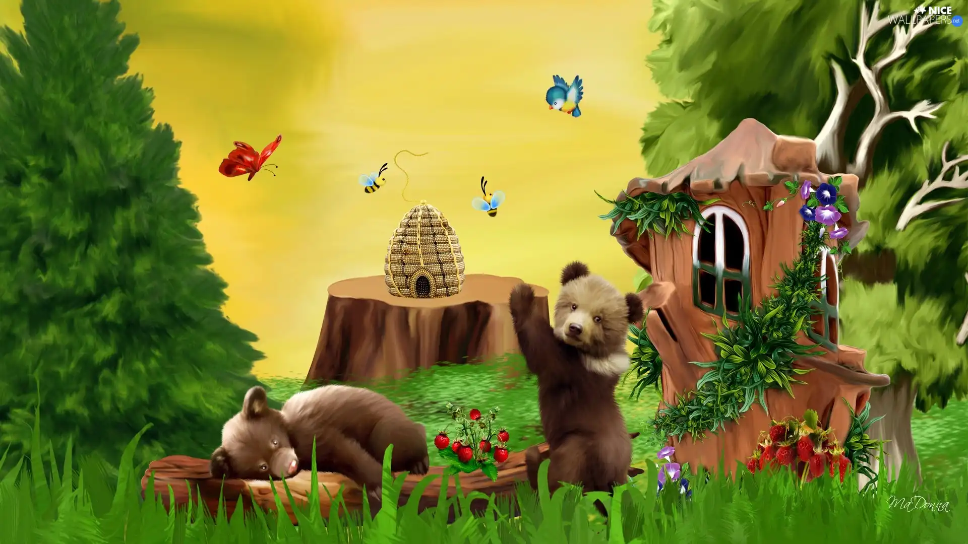Two cars, forest, Ul, bear