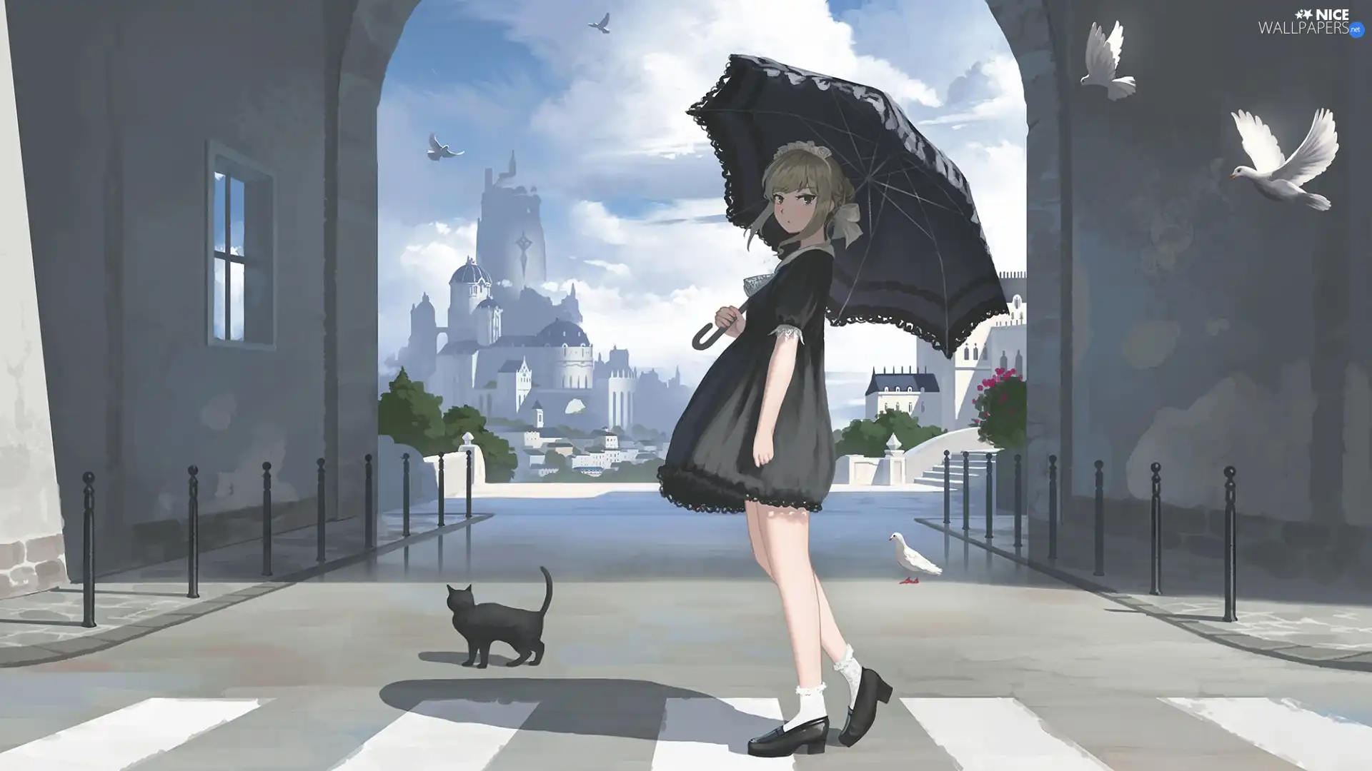 cat, Street, girl, umbrella, Manga Anime