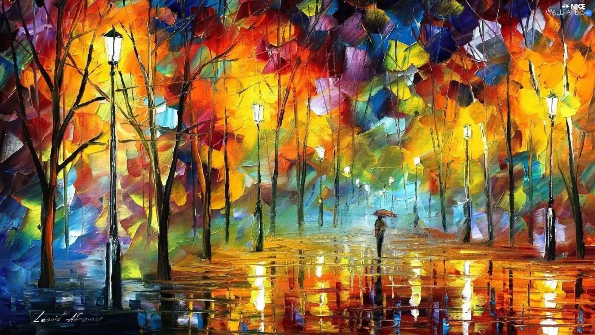 Leonid Afremov, Art Image, Rain, trees, Umbrella, autumn, alley, form, viewes