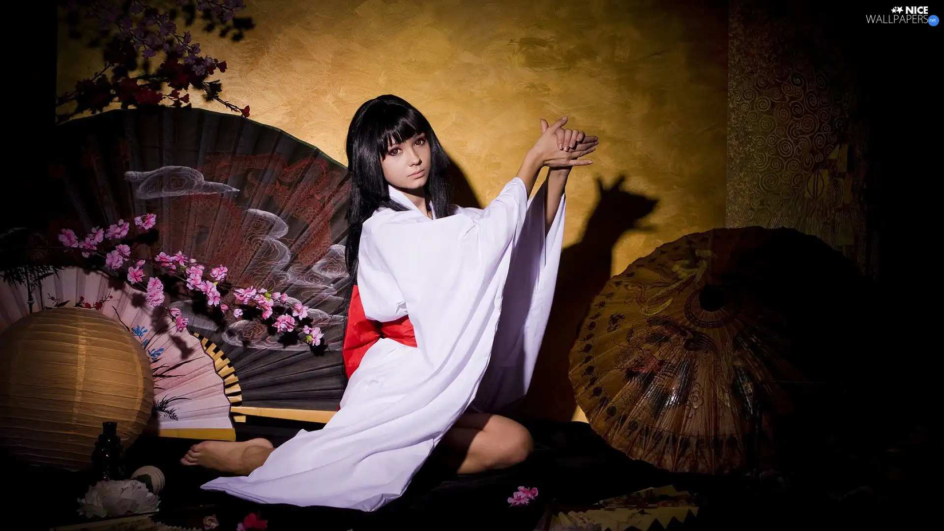 brunette, Fan, umbrella, kimono