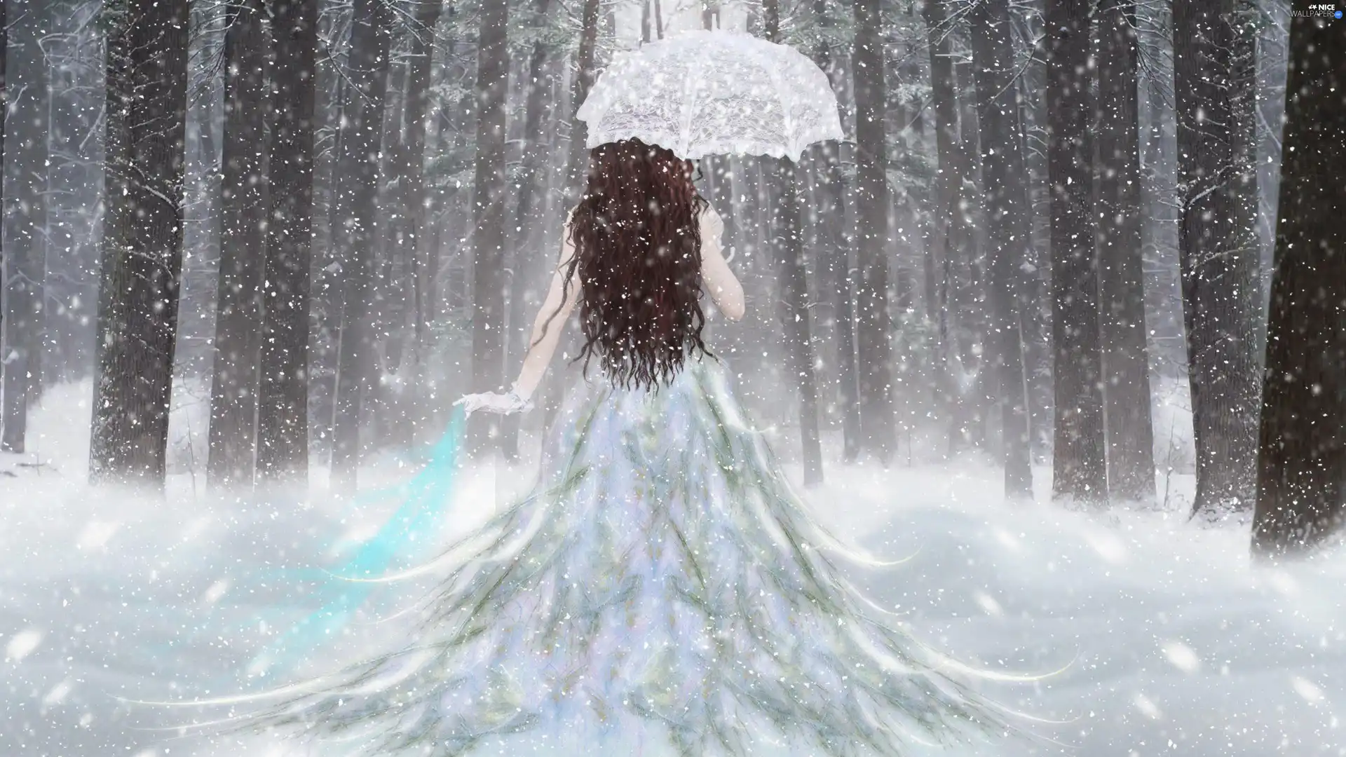 snow, umbrella, Women, winter, fantasy