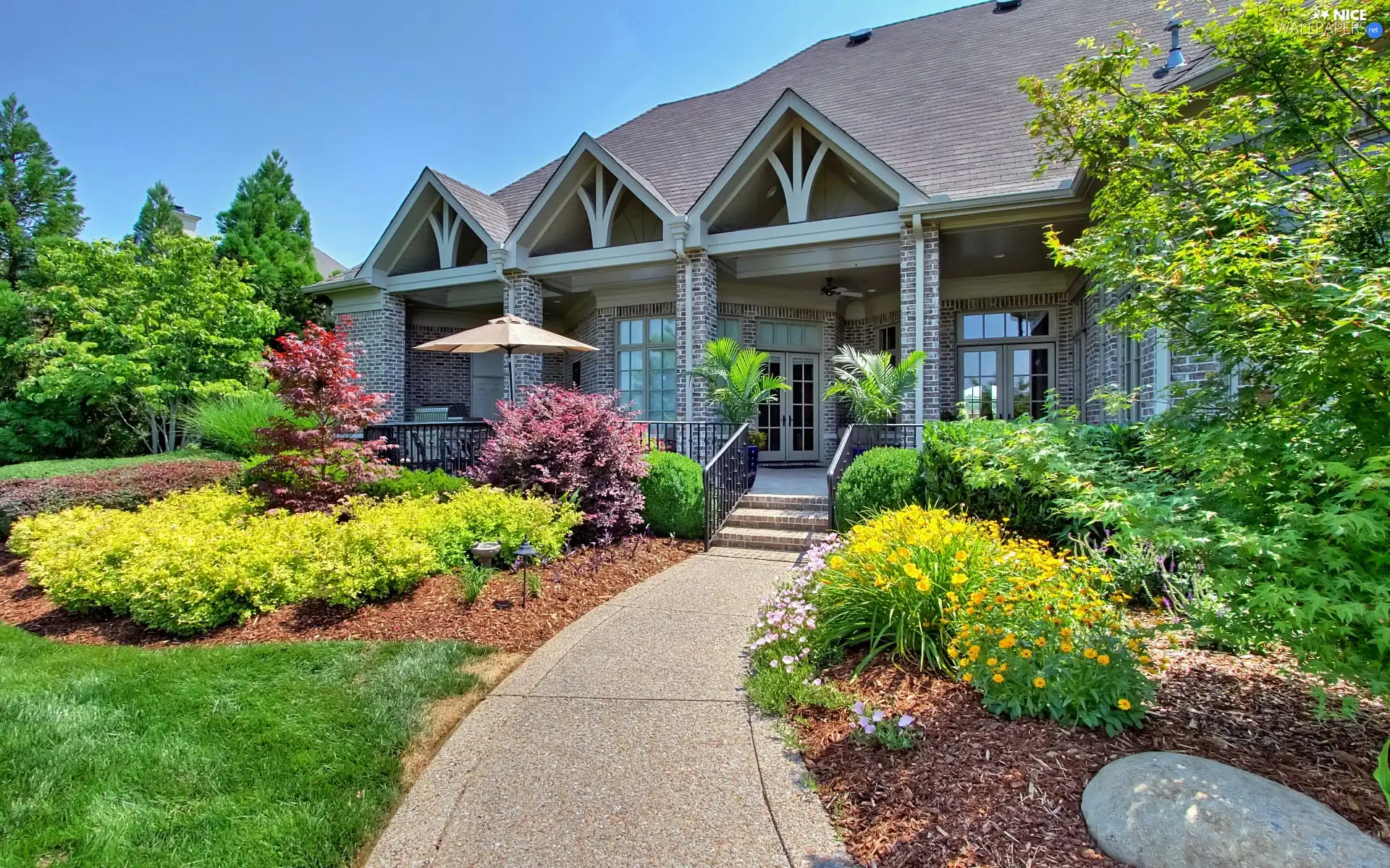 house, Flowers, Umbrella, Garden