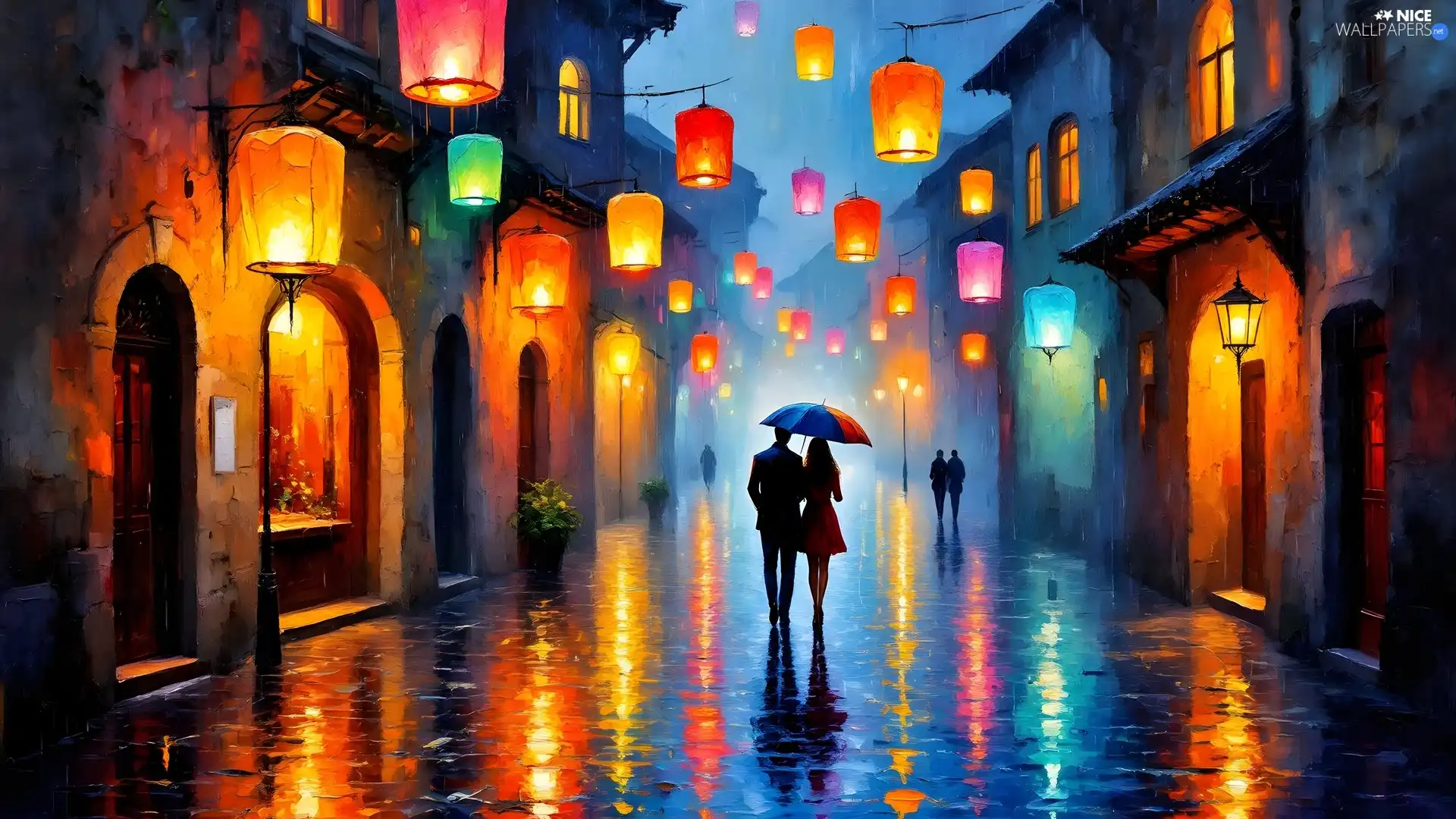 Lanterns, Houses, People, color, apartment house, Rain, umbrella