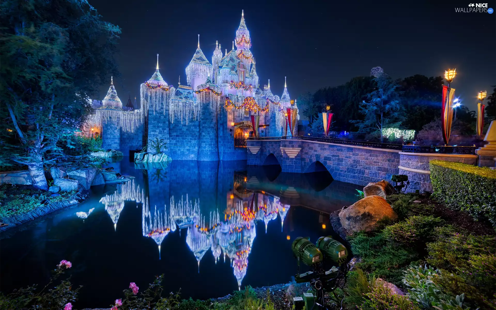 Night, California, Disneyland, Pond - car, Floodlit, The United States, Anaheim, reflection, bridge, Sleeping Beauty Castle