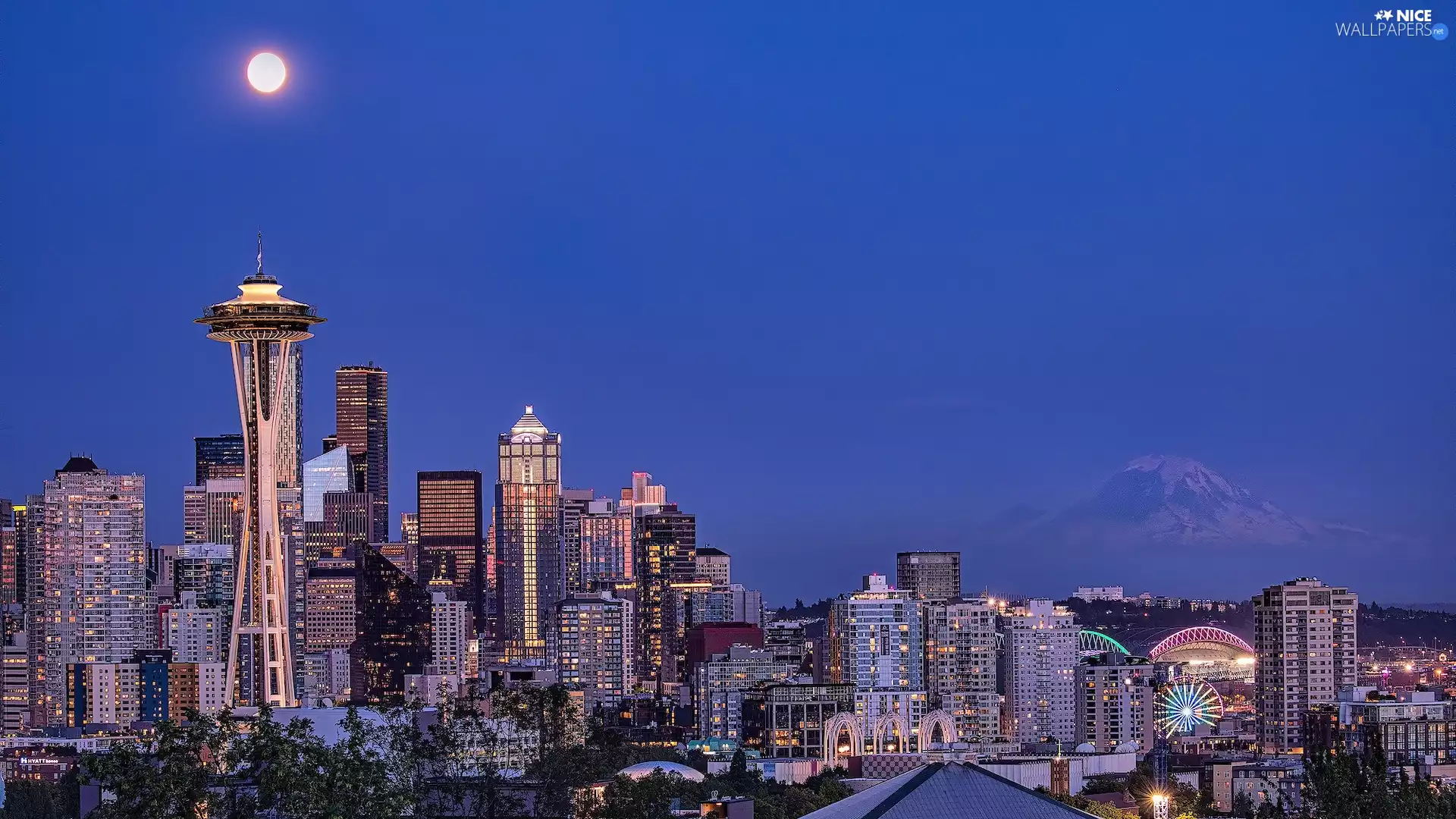 Seattle, tower, fullness, Space Needle, moon, Washington State, The United States, skyscrapers