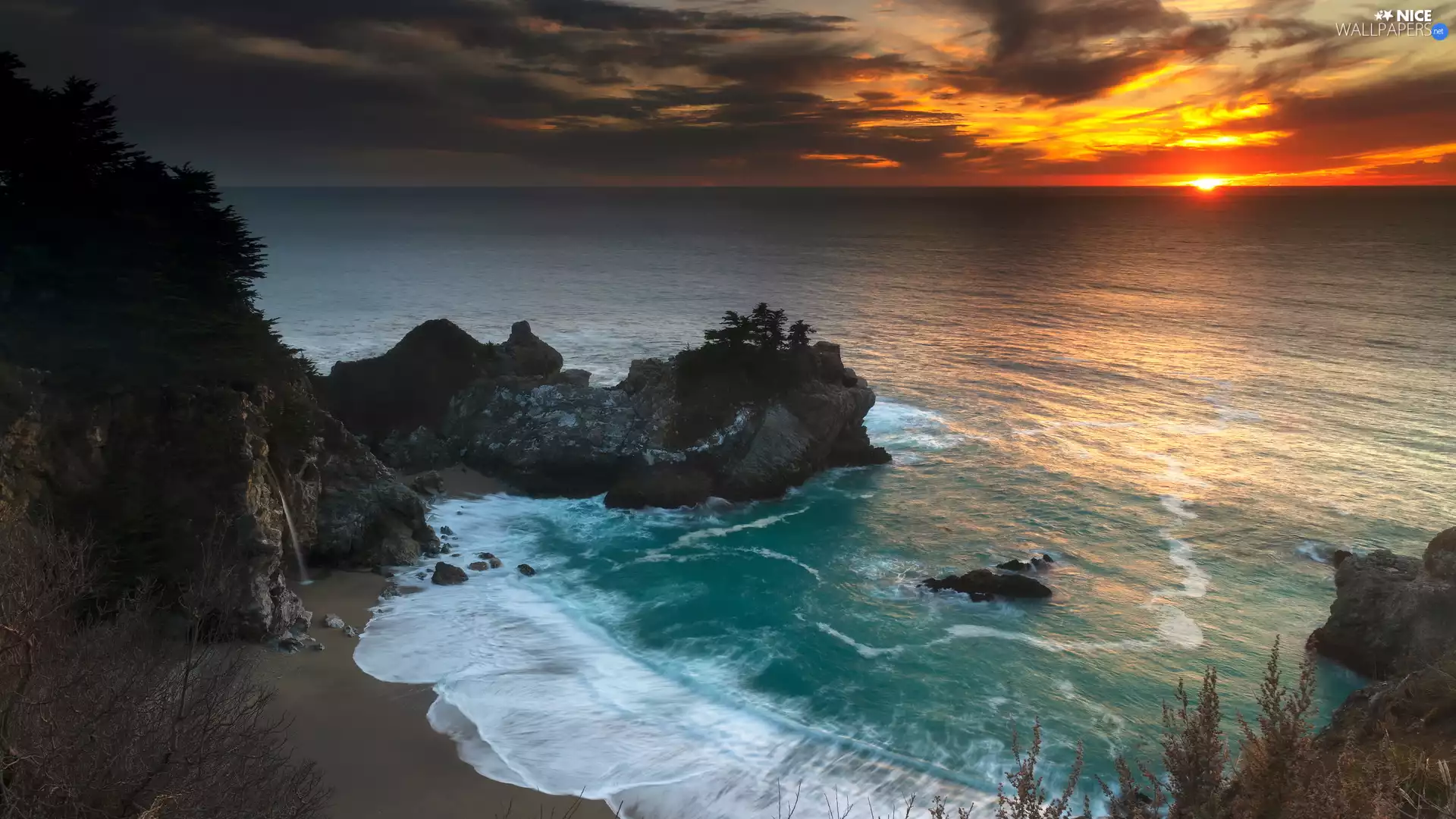 trees, Gulf, California, McWay Cove, The United States, VEGETATION, Sunrise, viewes, sea, Julia Pfeiffer Burns State Park, rocks, clouds, Coast