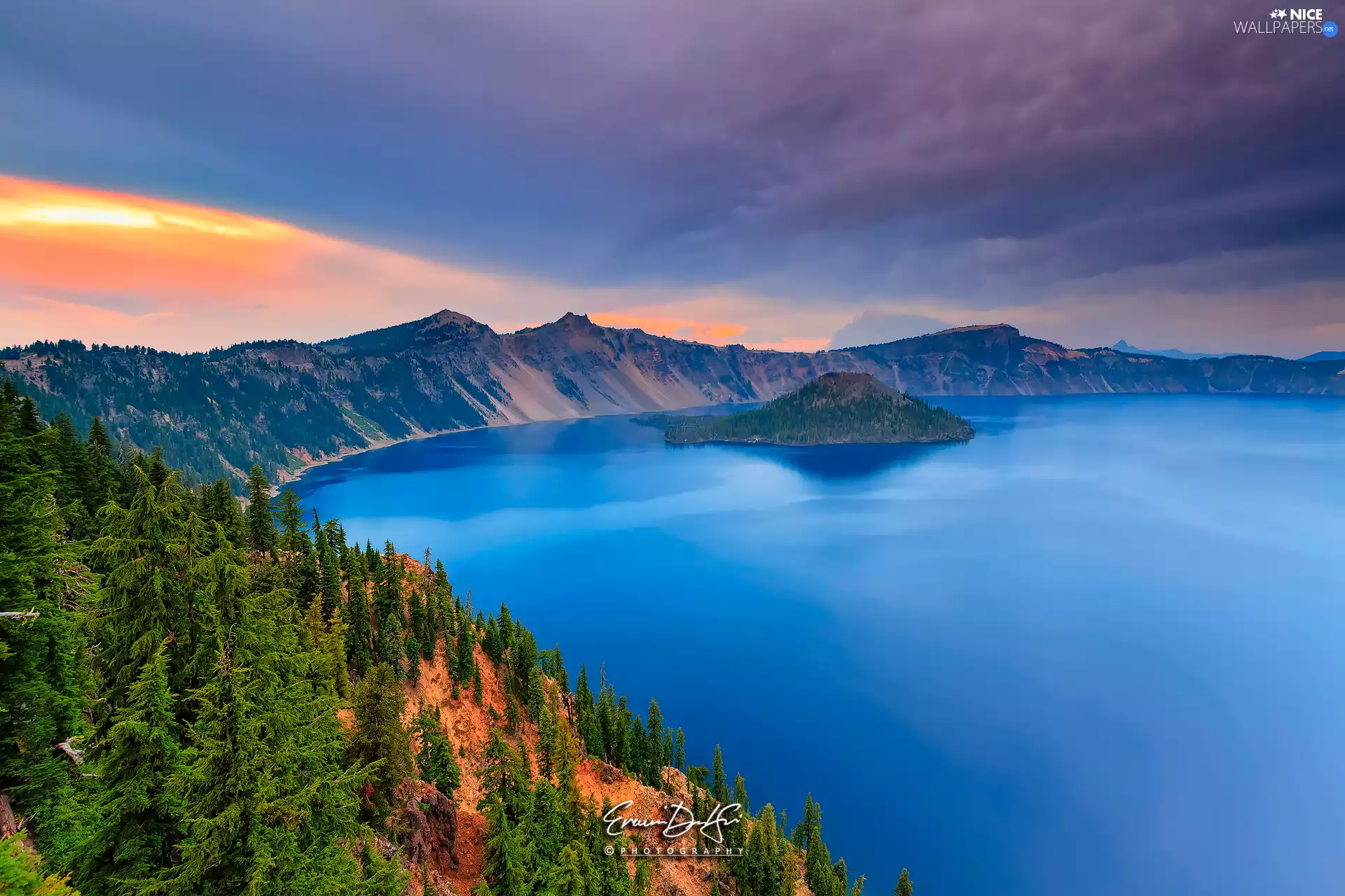 Island of Wizard, Mountains, The United States, trees, State of Oregon, Crater Lake, Crater Lake National Park, viewes
