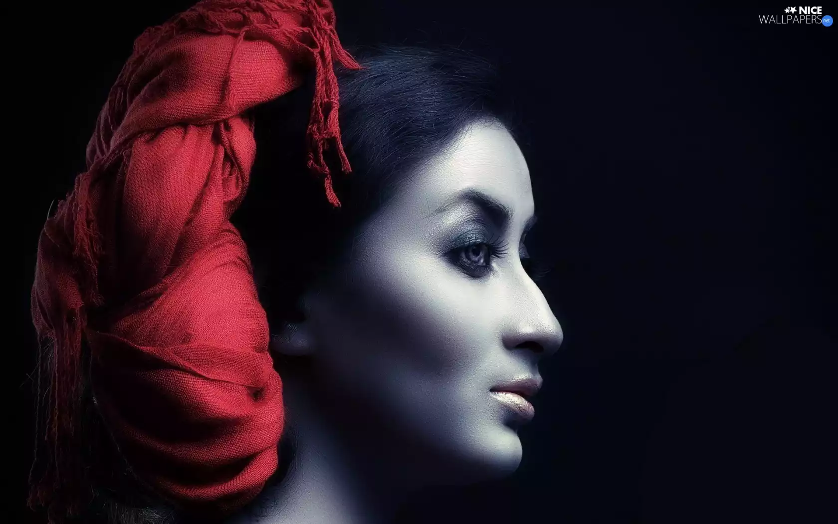 face, brunette, red hot, scarf, profile, make-up