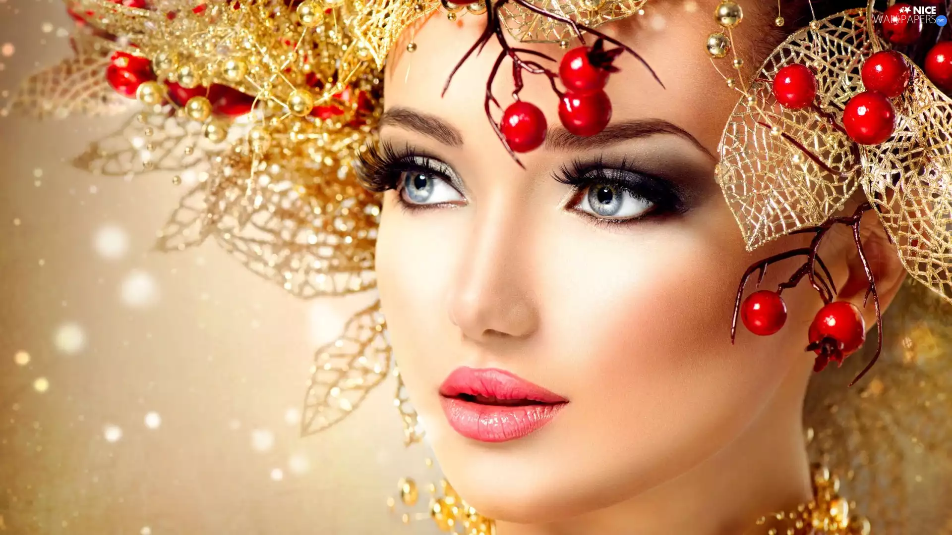 Golden, Leaf, make-up, wreath, Women