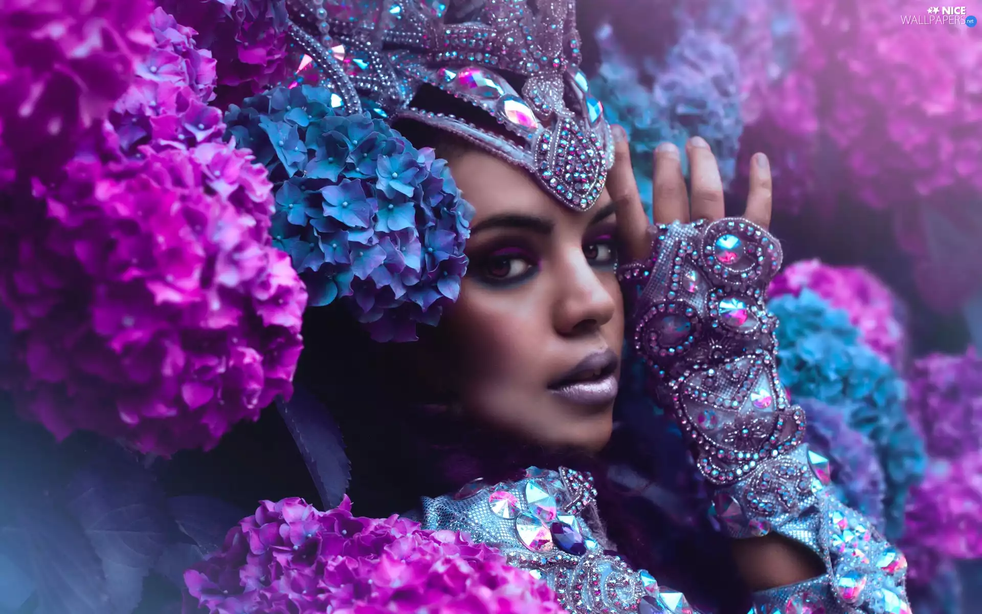 hydrangeas, jewellery, make-up, Flowers, Women