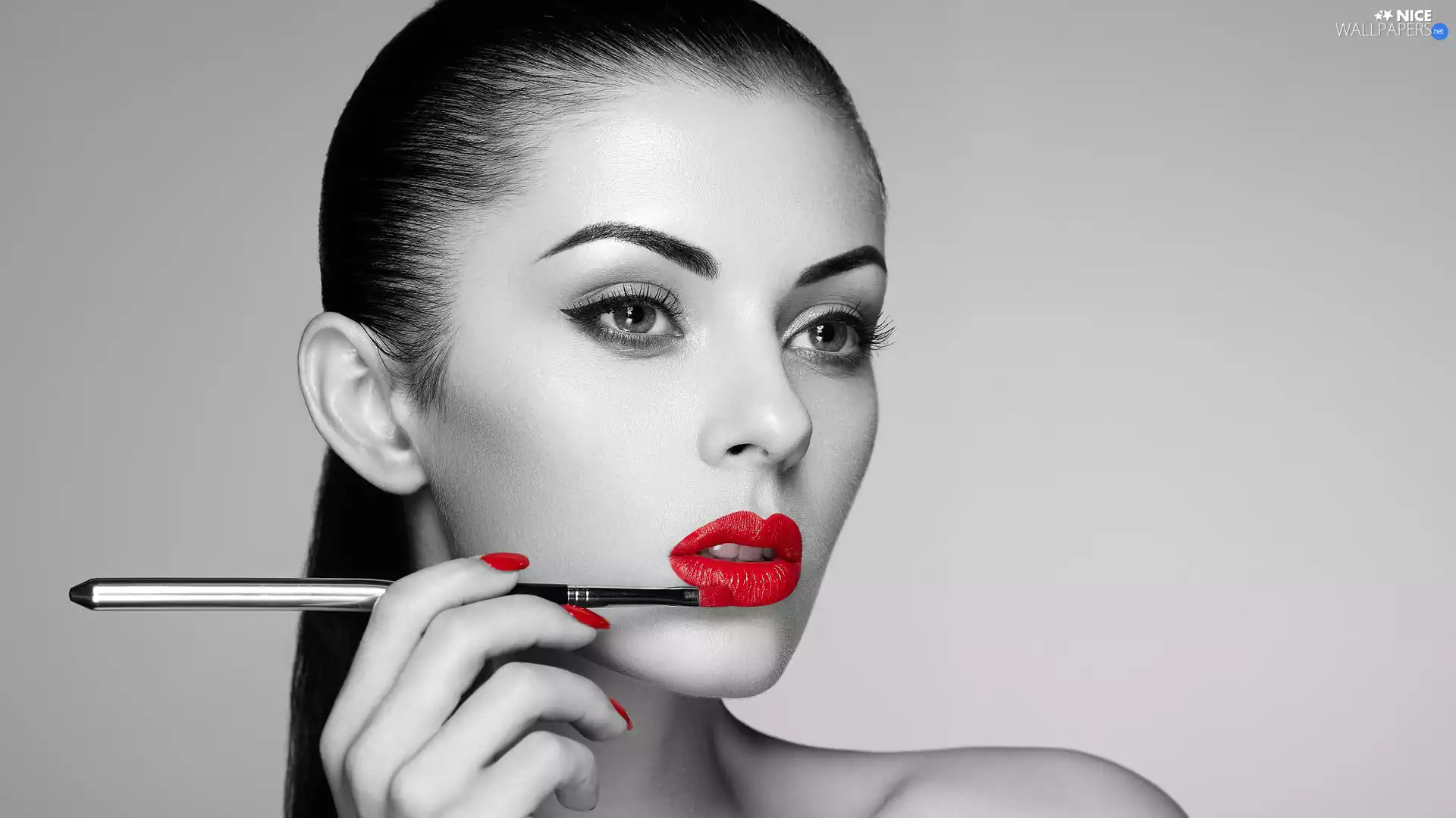 Red, lips, make-up, brush, Women