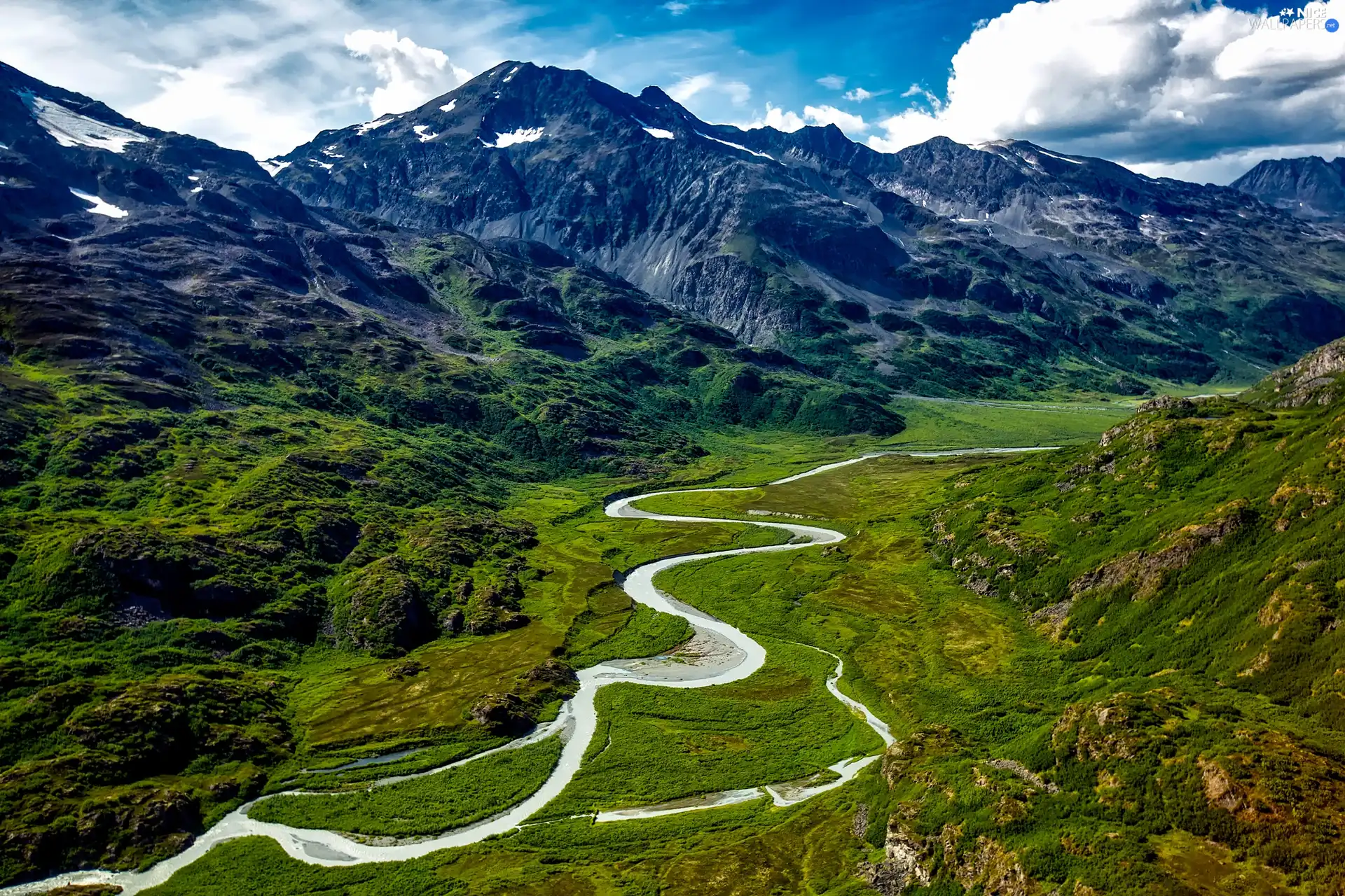 clouds, Mountains, Valley, green, roads, Sky