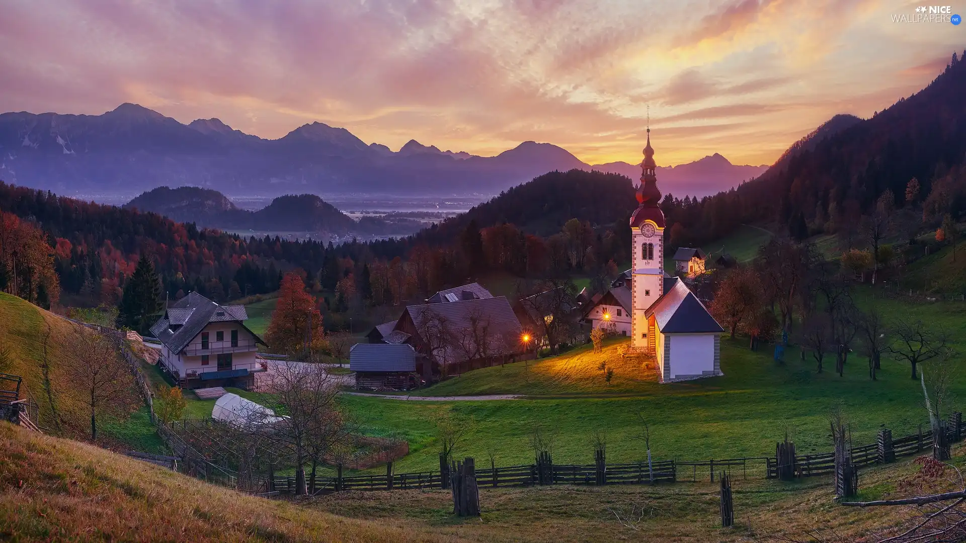 Floodlit, Mountains, Houses, Valley, Slovenia, Church, fence