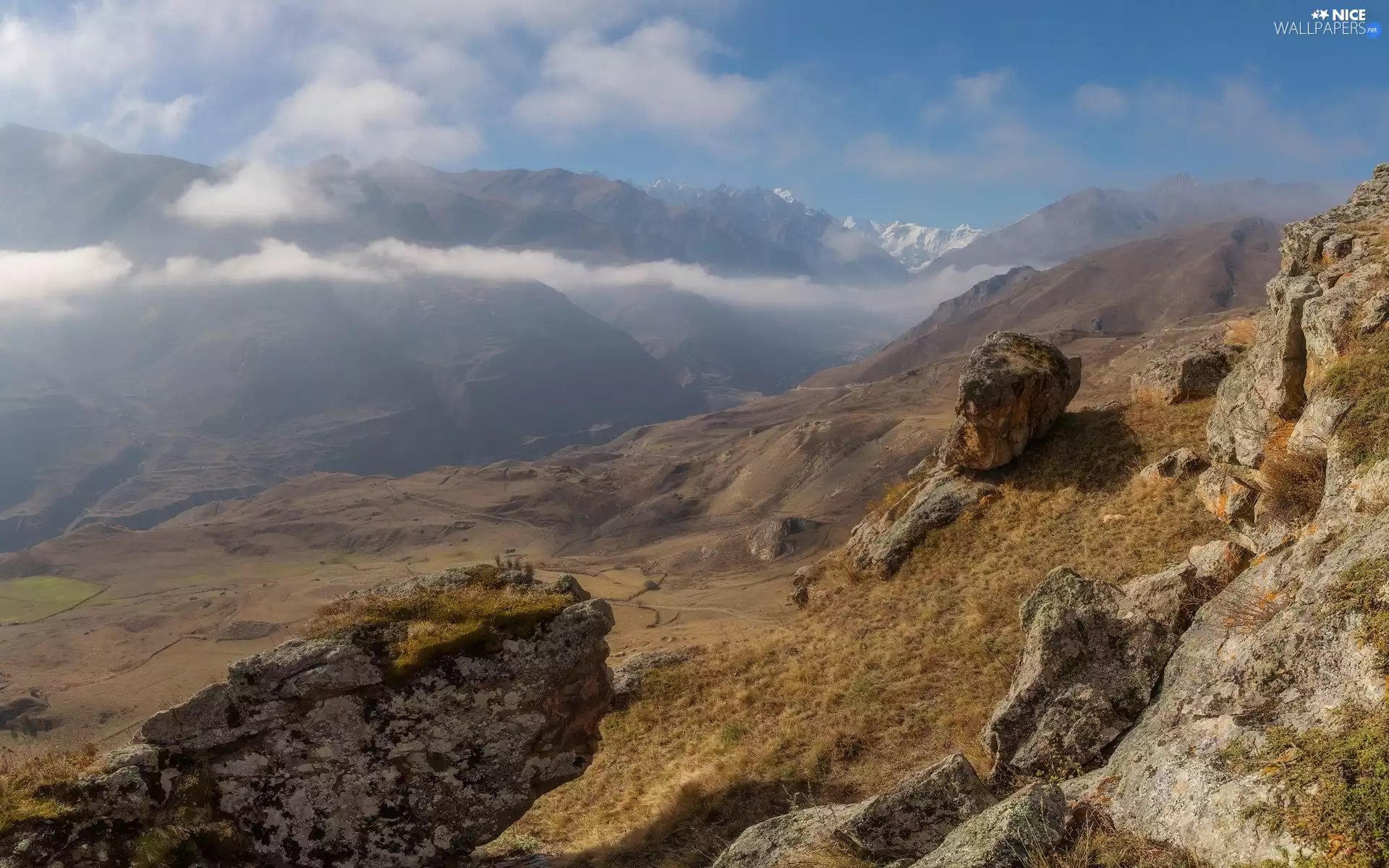 Mountains, rocks, Fog, Valley