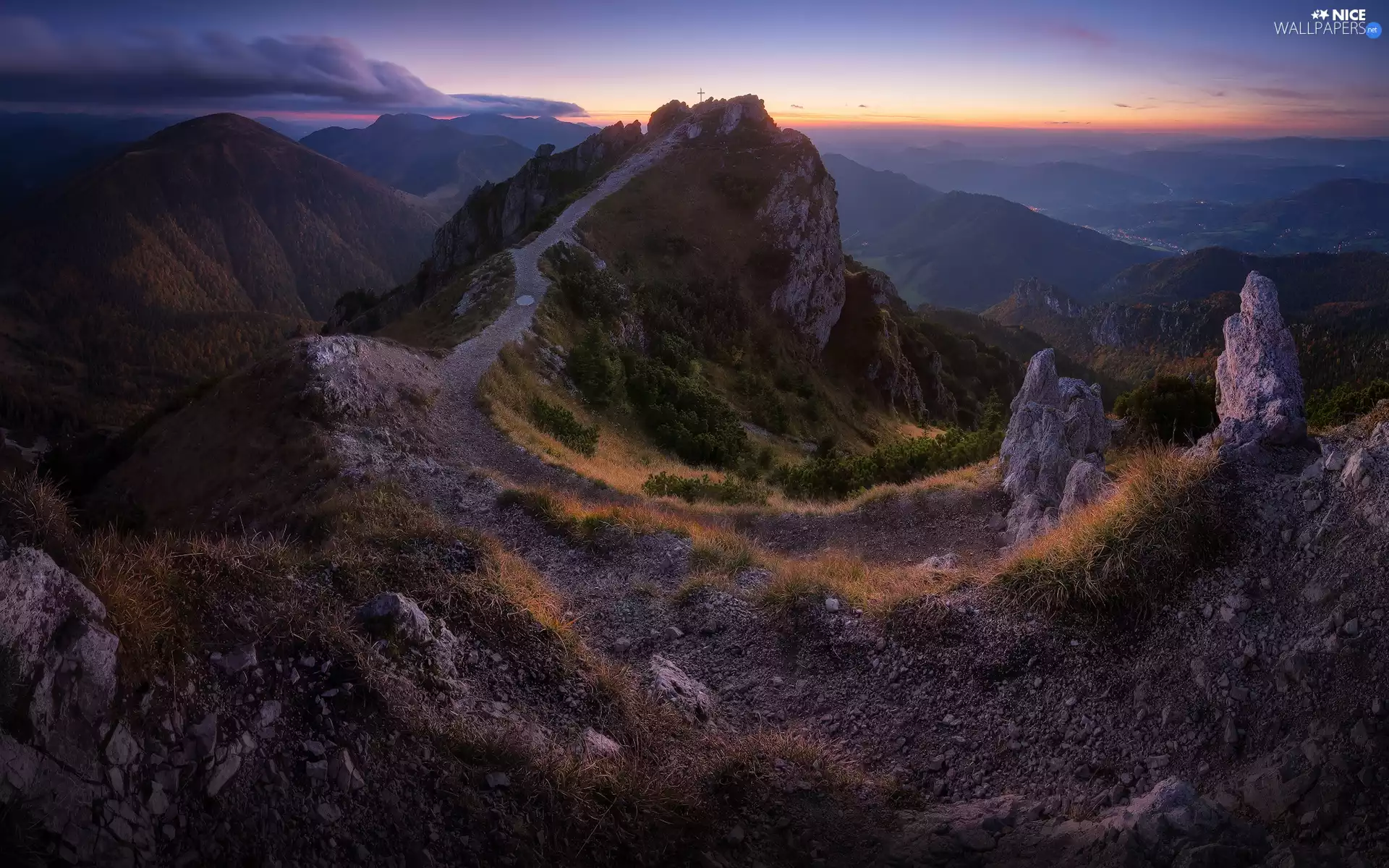 Cross, Sunrise, rocks, Valley, mount, Mountains