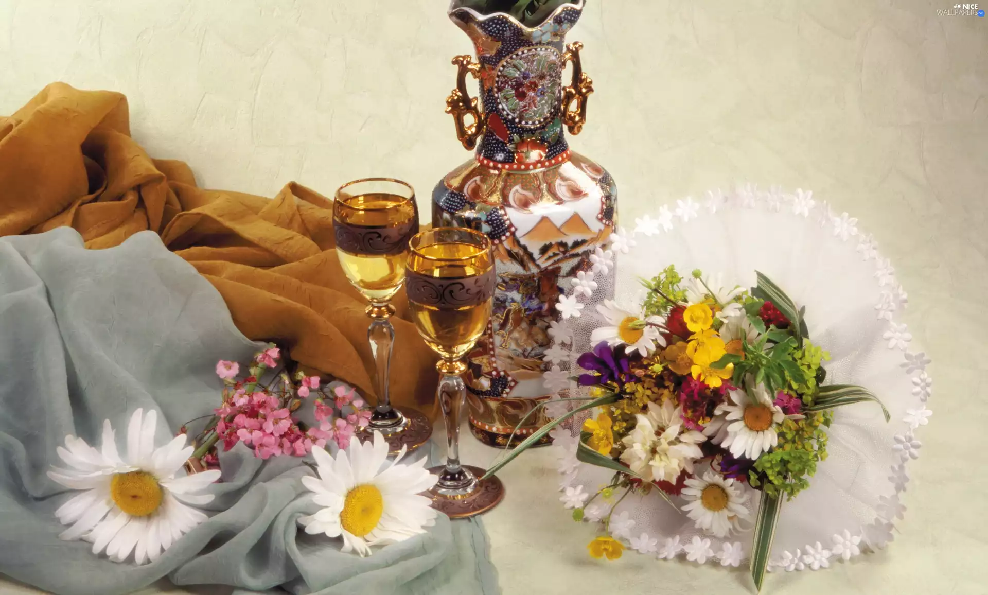 glasses, composition, flowers, Vase, small bunch