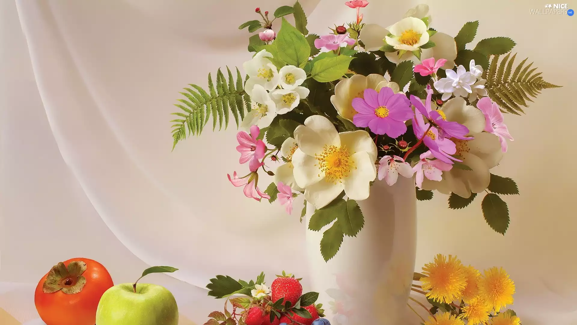 Cosmos, Briar, composition, bouquet, Fruits, Flowers, color, Vase