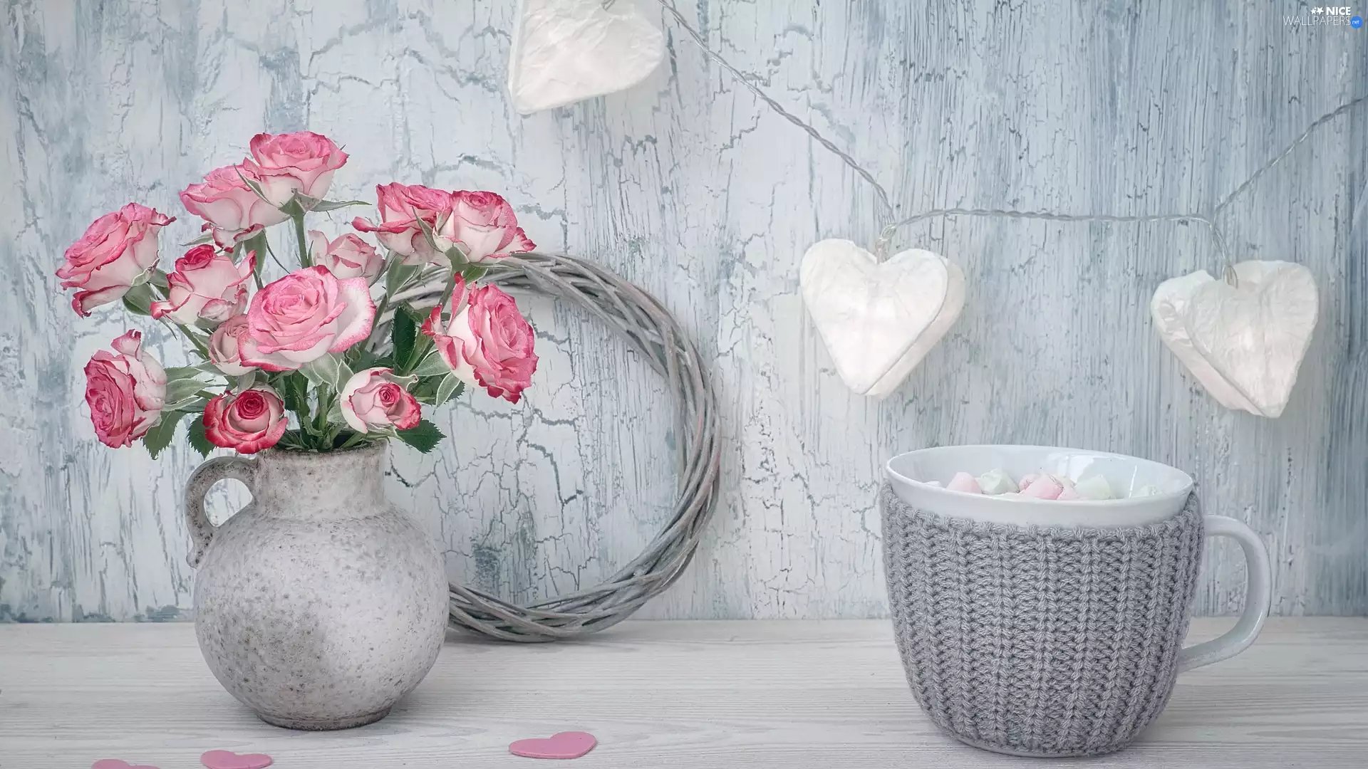 Lights, bouquet, Cup, Vase, roses, heart, Foams