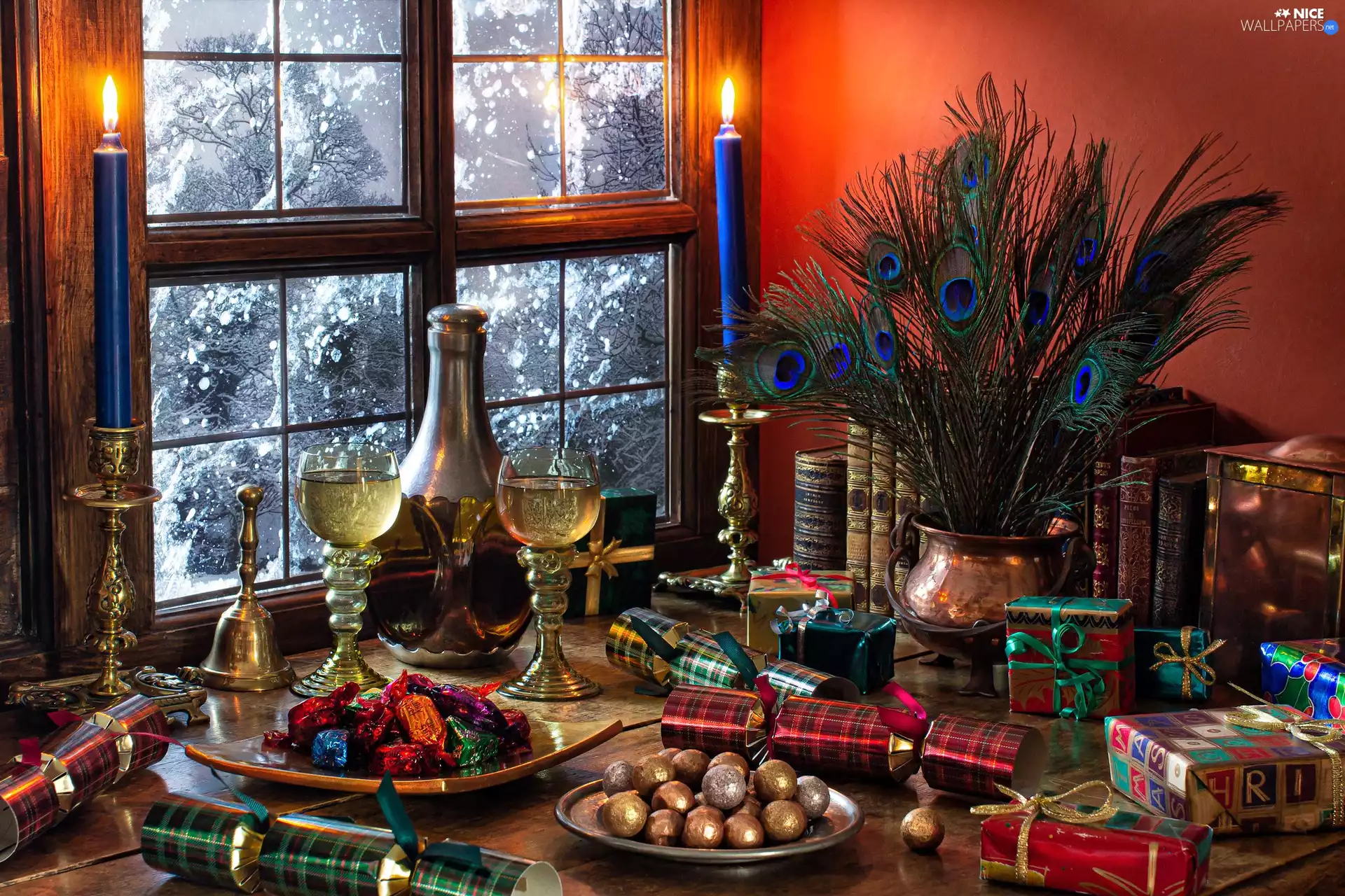 Vase, Wine, gifts, feather, Books, composition, candle, Candies, peacocks, Window