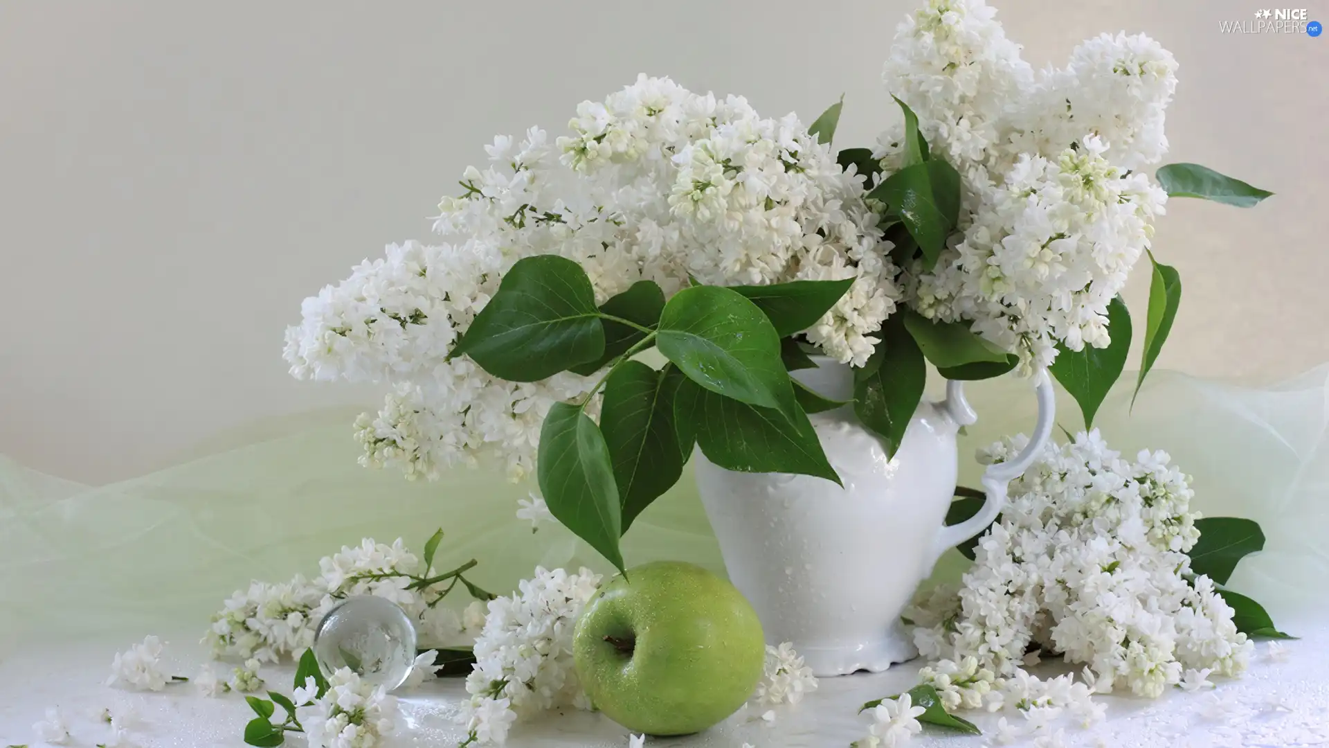 White, apples, Vase, Lilacs