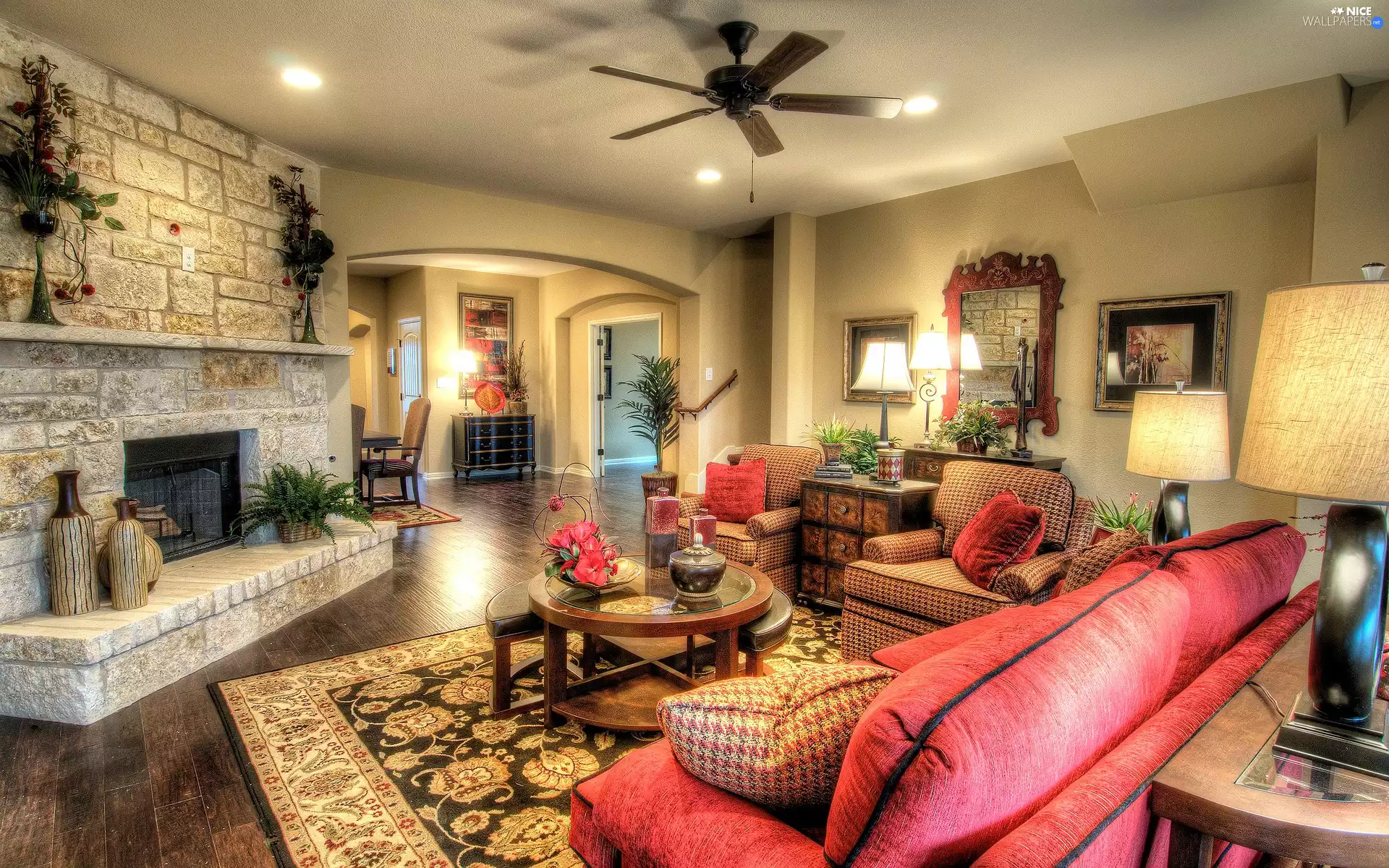 Sofa, saloon, Lamps, vases, table, burner chimney