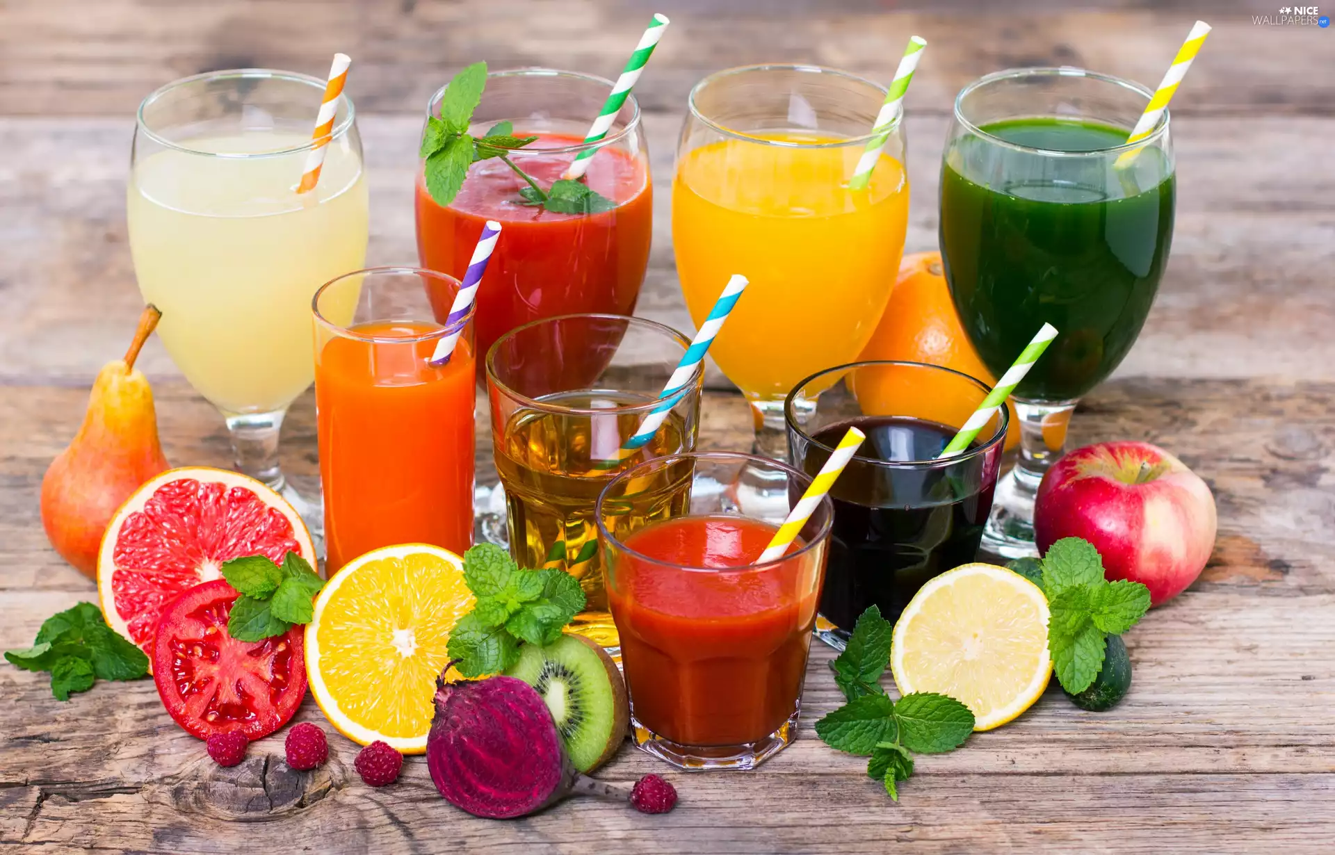 Fruits, vegetables, Glass, straws, Juices