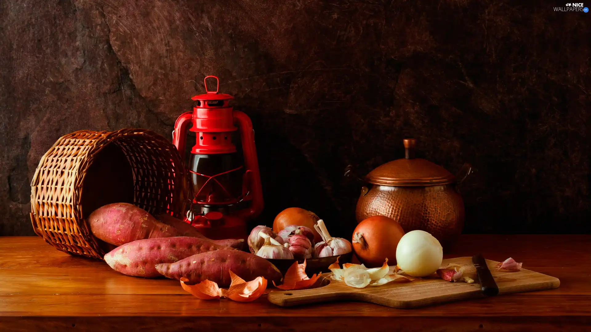 Lamp, basket, onion, board, garlic, composition, vegetables, knife, pot, Sweet Potatoes