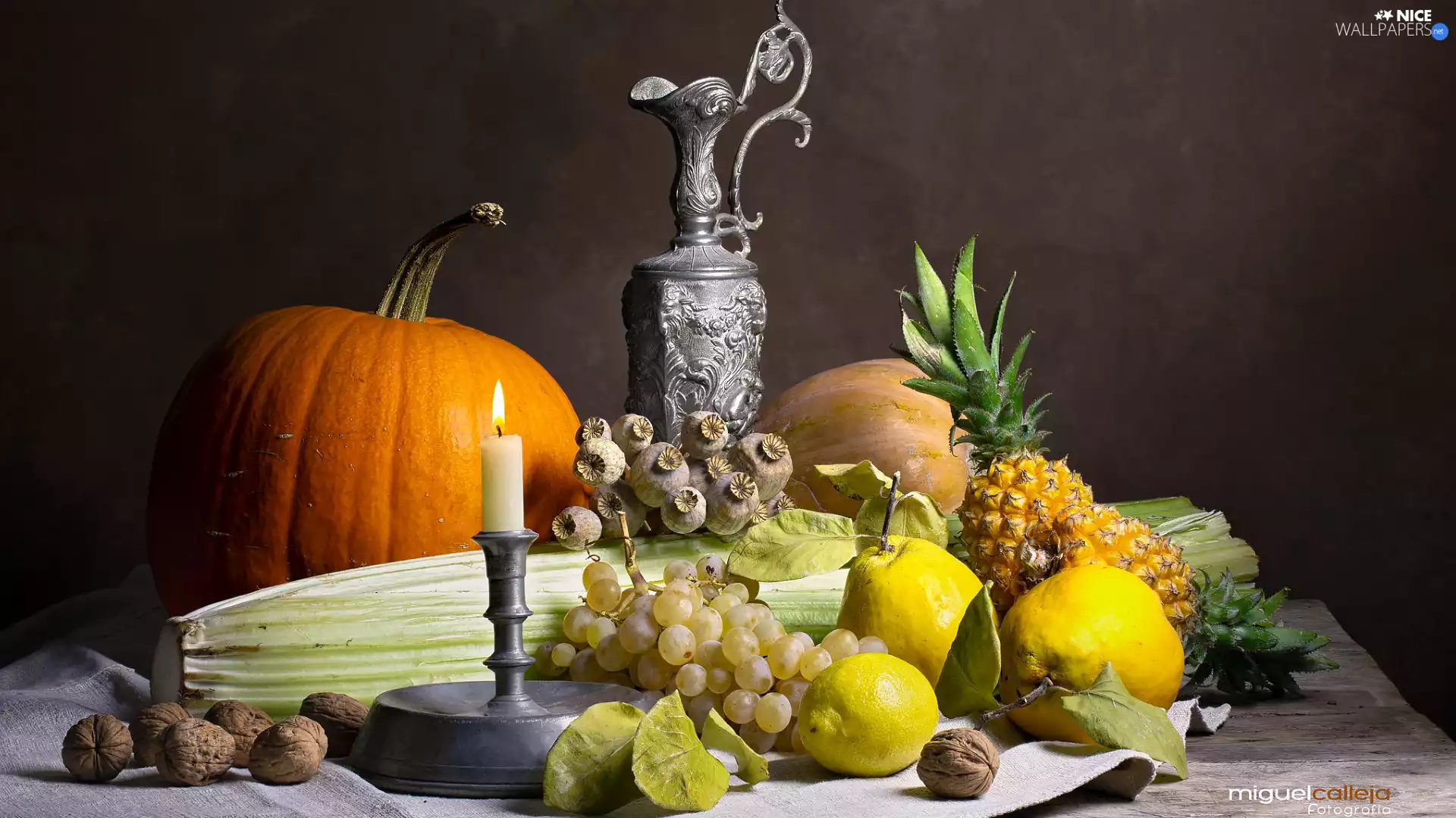 vegetables, Fruits, pumpkin, Grapes, Candle, composition, nuts, pitcher, Pineapples