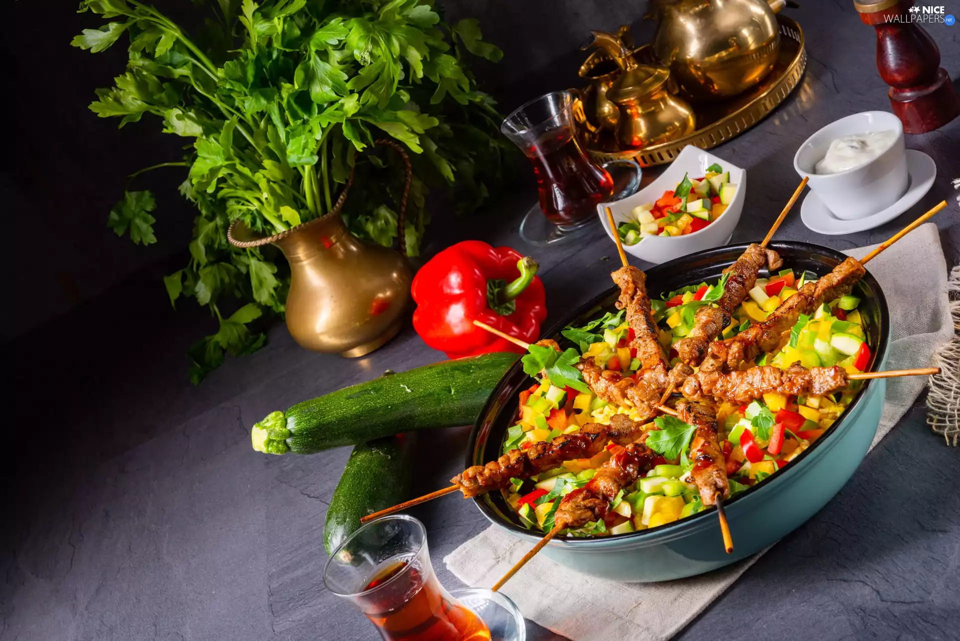 zucchini, plate, parsley, vegetables, Skewers, pepper, tea