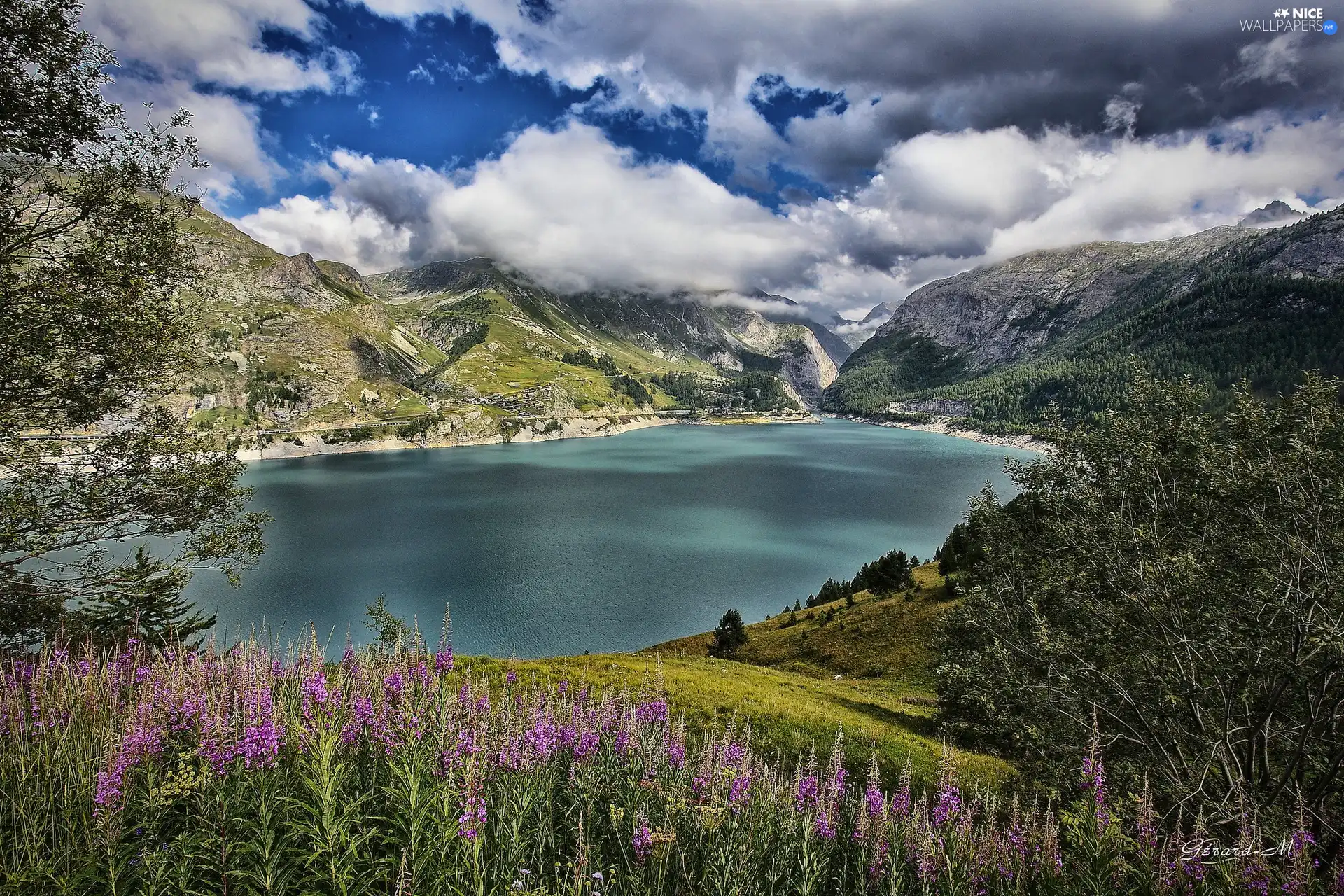 clouds, lake, VEGETATION, Mountains